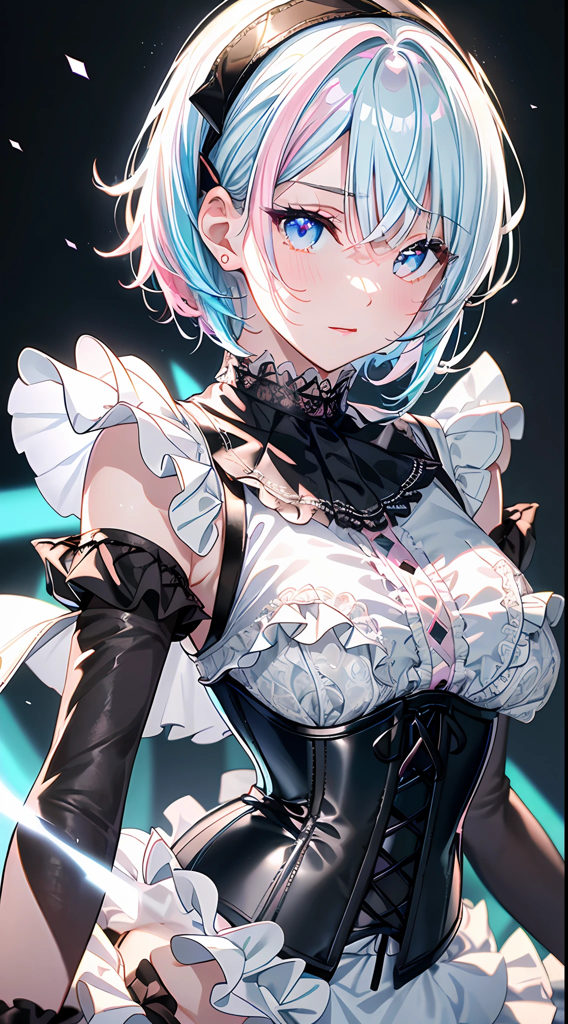 idol, masterpiece, best quality, beautiful face, absurdres, HDR, (cowboy shot, white frill lace mini dress, white collar, white frill cuff, silver short hair, particles:1.6), dynamic pose, (bloom, glow:1.4), (fight hard, smile:1.0), (pink colored inner hair, cyan eyes:1.6), sharp focus, photorealistic, highres, highest detailed, ultra detailed, detailed face and eyes, sharp pupils, realistic pupils, sharp focus, shiny skin, (black corset:1.4), (dark studio, dark background:1.5), rim lighting, dynamic and cinematic lighting
