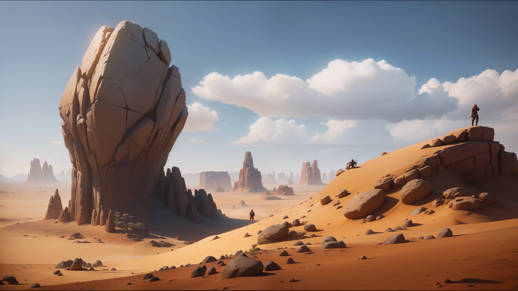 there is a man standing on a rock in the desert, unreal engine 5 : :, in the croods movie style, still from movie dune, syd mead and raphael lacoste, gameplay screenshot with ui, landscape of africa, image in center, boulders, old west, the witness --auto --s2