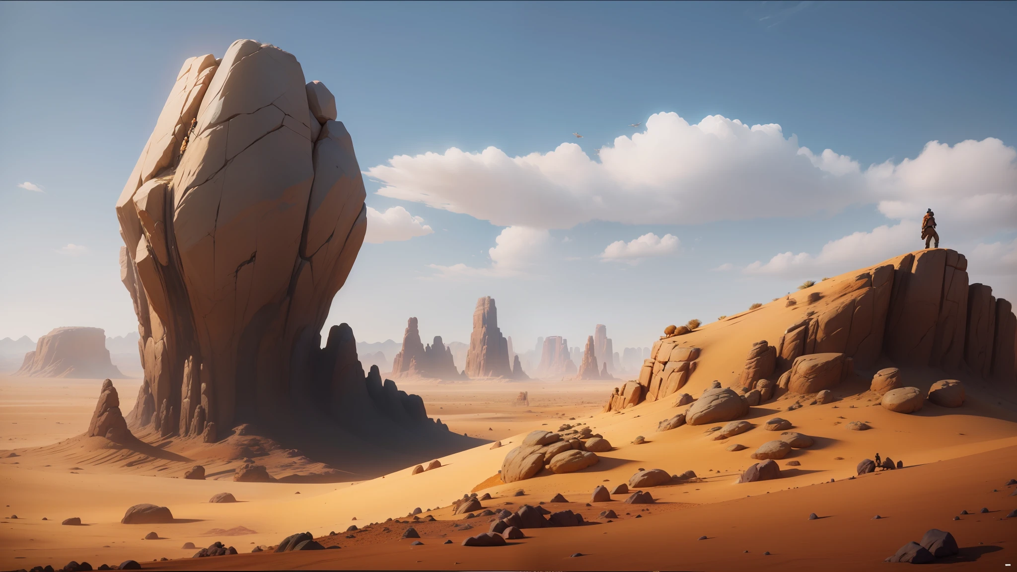 there is a man standing on a rock in the desert, unreal engine 5 : :, in the croods movie style, still from movie dune, syd mead and raphael lacoste, gameplay screenshot with ui, landscape of africa, image in center, boulders, old west, the witness --auto --s2