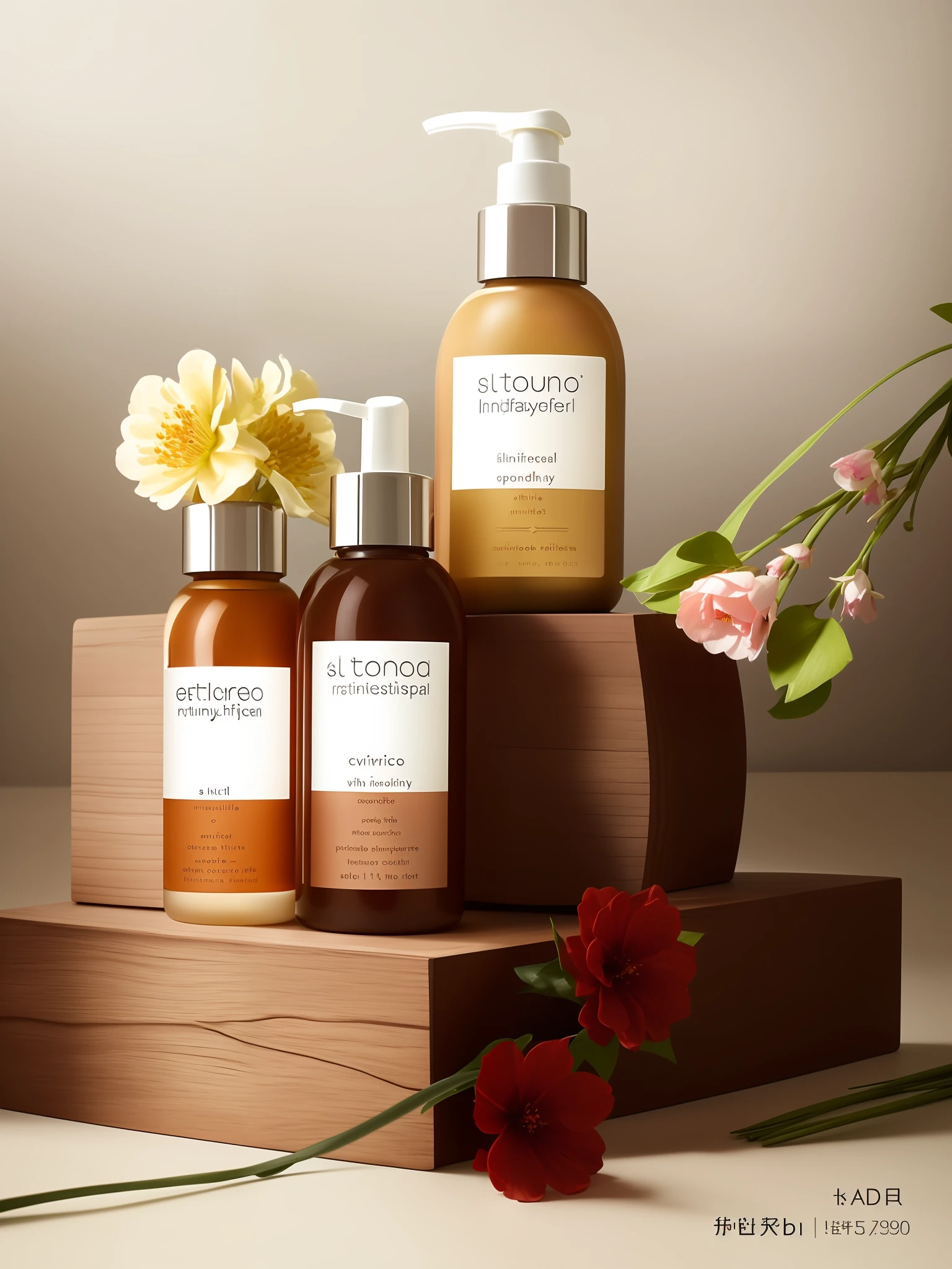 Product photography, skincare products inspiredbv nature. reminiscent of nature. wood,flowers.minimalist style, focusing on products, natural realismphotography, high resolution, and fine details,