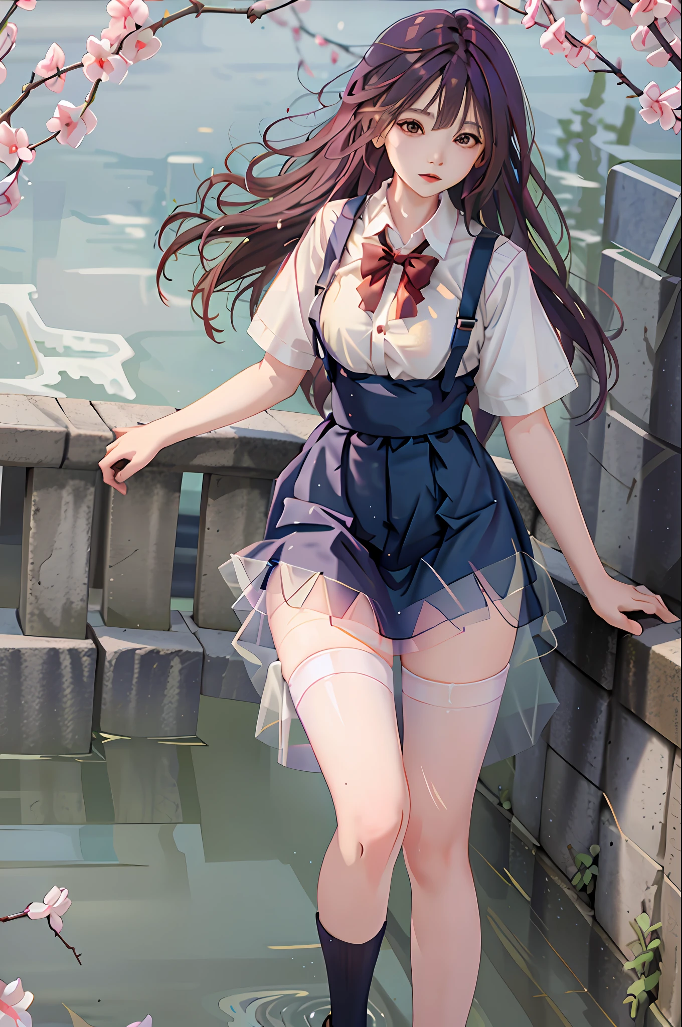 Masterpiece, superlative, spring, colored hair, outdoor, ((transparent skirt)), stockings, suspenders, light tulle, wide hips, thin waist, short skirt, dress a little less