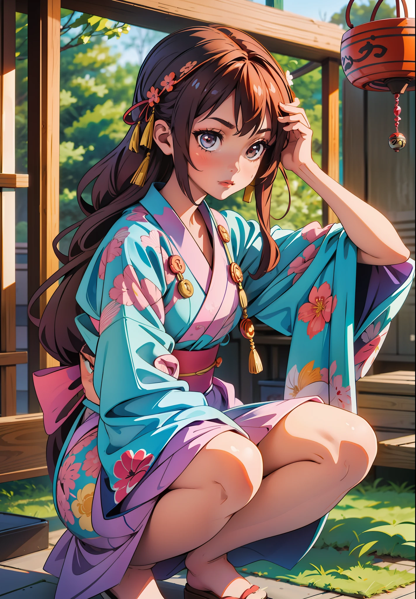 A beautiful girl wearing a yukata with a wind chime pattern is crouching and touching her hair with one hand, looking at the camera,
