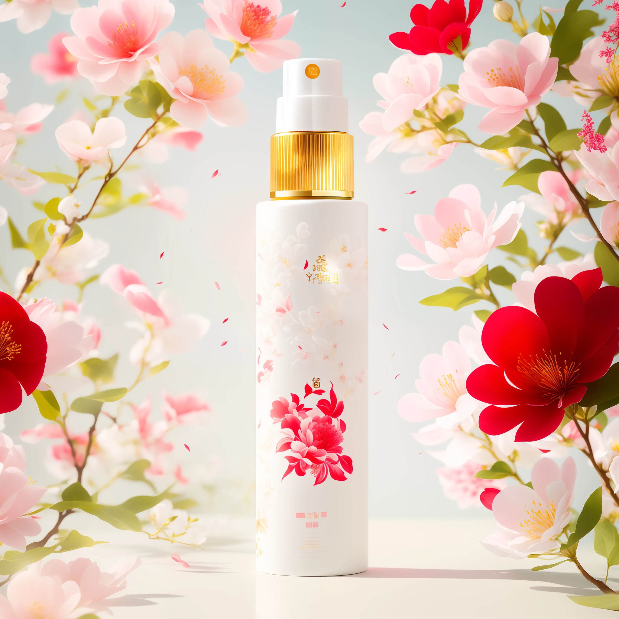 A white bottle, red-pink flowers, skin care brand photo, masterpiece, highest detail, real flower, inspired by Luo Mu, inspired by Ma Yuanyu, inspired by Zhiding, inspired by Xiao Yuncong, Jia, inspired by Qiu Ying, author: Qu Leilei, skin care brand photo, inspired by Huang Ji, Lu Ji, Zhong Yuan Festival, inspired by Cao Zhibai