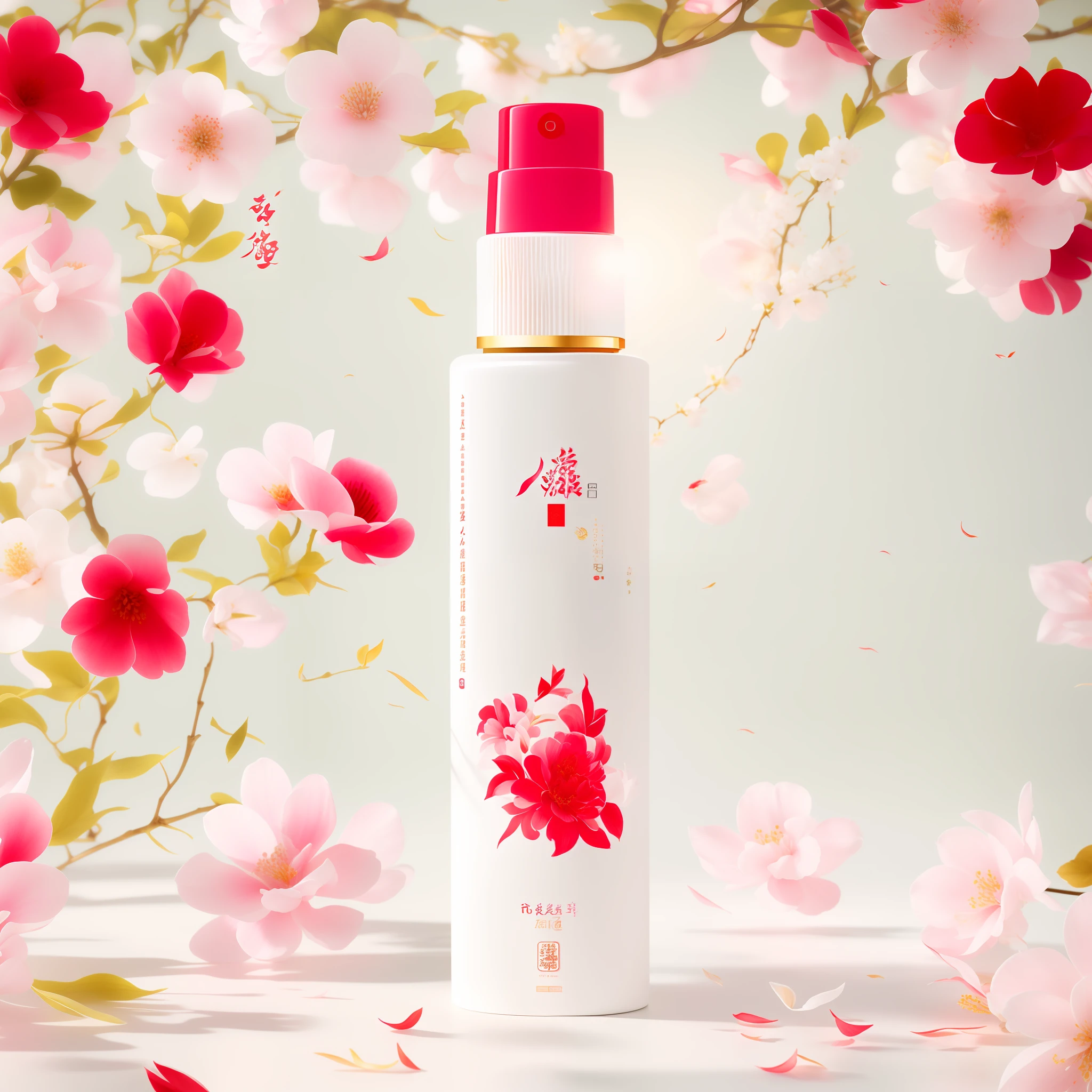 A white bottle, red-pink flowers, skin care brand photo, masterpiece, highest detail, real flower, inspired by Luo Mu, inspired by Ma Yuanyu, inspired by Zhiding, inspired by Xiao Yuncong, Jia, inspired by Qiu Ying, author: Qu Leilei, skin care brand photo, inspired by Huang Ji, Lu Ji, Zhong Yuan Festival, inspired by Cao Zhibai