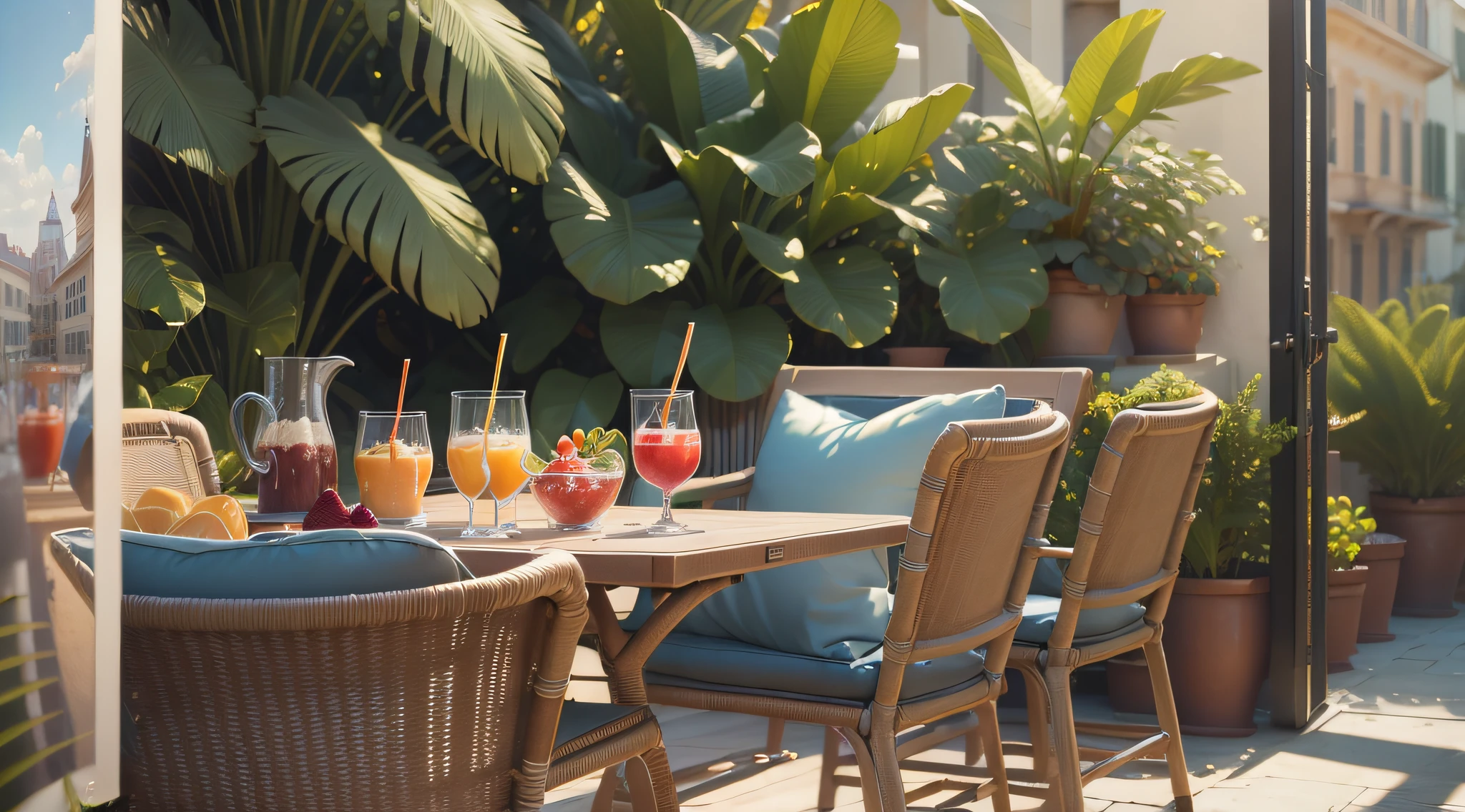 (masterpiece:1.2, realistic:1.37), terrace with smoothies on the table, professional lighting, RAW photo in 8k with higher quality, photon mapping, radiosity, people sitting.