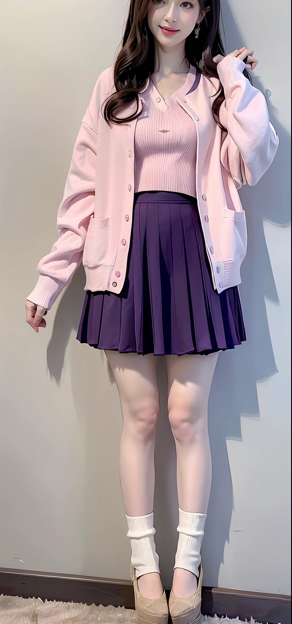 2. Purple Chiffon Skirt with Light Pink Knit Cardigan
The purple chiffon skirt has a luxurious and romantic feel, which forms a perfect contrast with the light pink knit cardigan. This combination is suitable for wearing in spring or autumn and can be paired with high heels or ankle boots to make the overall look more layered.