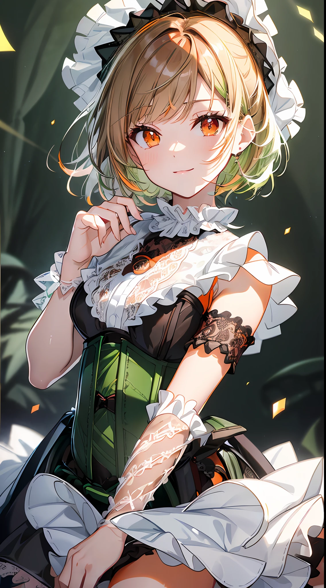 idol, masterpiece, best quality, beautiful face, absurdres, HDR, (cowboy shot, white frill lace mini dress, white collar, white frill cuff, particles:1.5), dynamic pose, (bloom, glow:1.4), (fight hard, smile:1.0), (green colored inner hair:1.6), sharp focus, photorealistic, highres, highest detailed, ultra detailed, detailed face and eyes, sharp pupils, realistic pupils, sharp focus, shiny skin, (orange eyes, dark brown short hair, black corset:1.6), (dark studio, dark background:1.5), rim lighting, dynamic and cinematic lighting