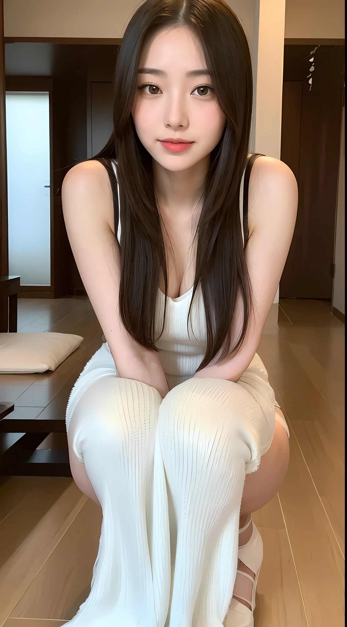 ((Best Quality, 8K, Masterpiece: 1.3)), 1 Girl, Plump Abs Beauties: 1.3, Full Body, (Long Hair, Big Hair: 1.2), Oversized Tank Top: 1.2, Super Delicate Face, Delicate Eyes, Double Eyelids, Smile, Home, Random Color Clothes, Squatting Cowgirl, Gonzo, Skinny, Erotic, Sexy, Japan Idol Average