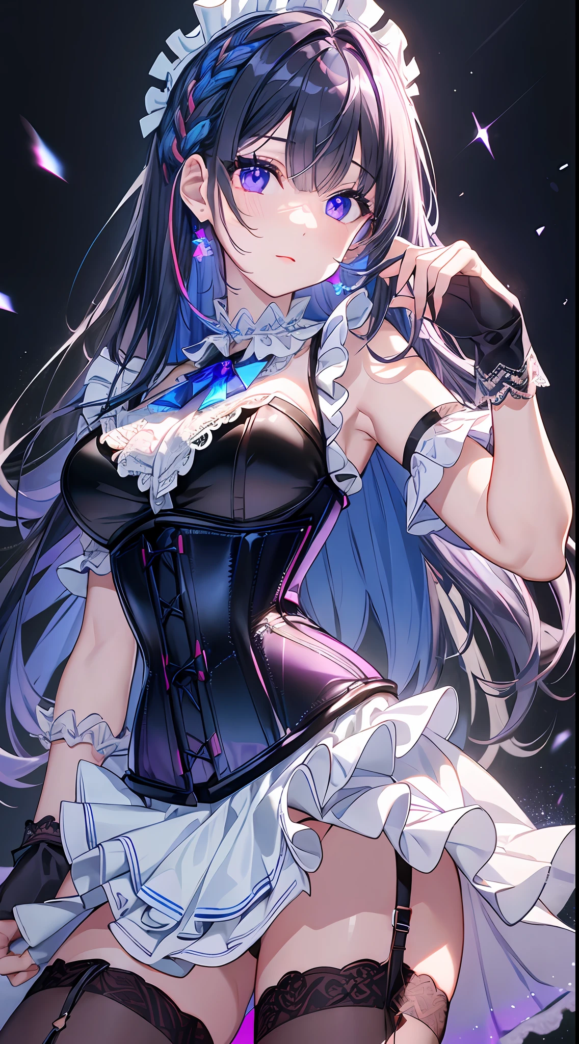 idol, masterpiece, best quality, beautiful face, absurdres, HDR, (cowboy shot, white frill lace mini dress, white collar, white frill cuff, particles:1.5), dynamic pose, (bloom, glow:1.4), (fight hard, angry:0.4), (blue colored inner hair, violet eyes:1.6), sharp focus, photorealistic, highres, highest detailed, ultra detailed, detailed face and eyes, sharp pupils, realistic pupils, sharp focus, shiny skin, (black long hair, black corset:1.4), (dark studio, dark background:1.5), rim lighting, dynamic and cinematic lighting