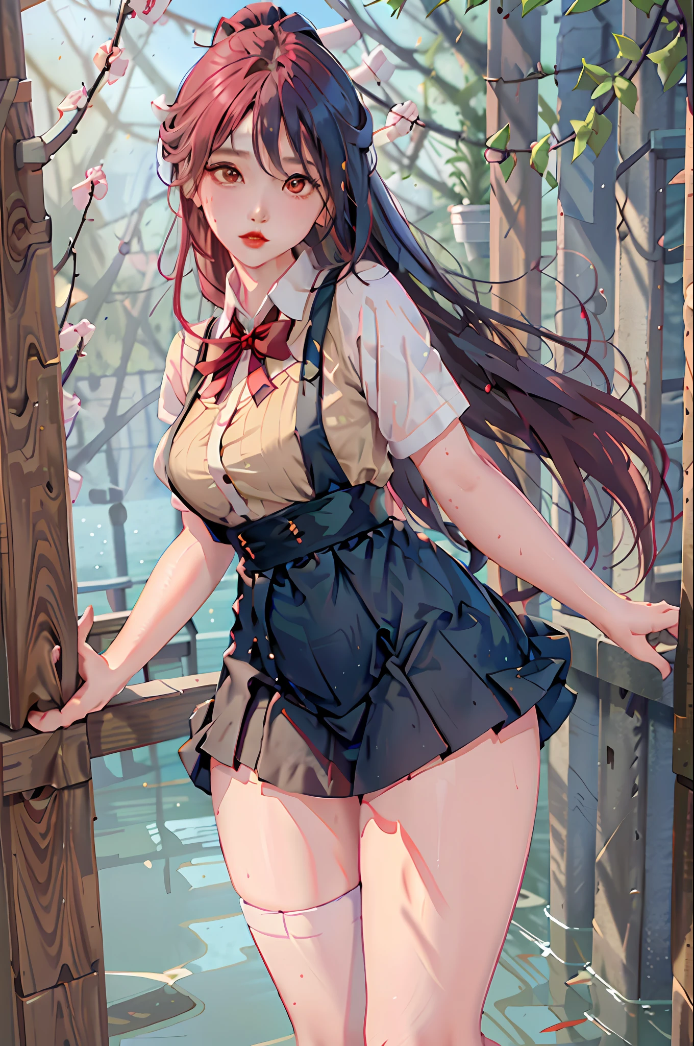 Masterpiece, superlative, spring, colored hair, outdoor, transparent skirt, stockings, suspenders, shallow tulle, wide hips, thin waist, short skirt, dress a little less, thick thighs, wide hips, thin waist, tall, coral, red lips, red eyes, ponytail, (sweat: 1.2), (wet), sexy, blush