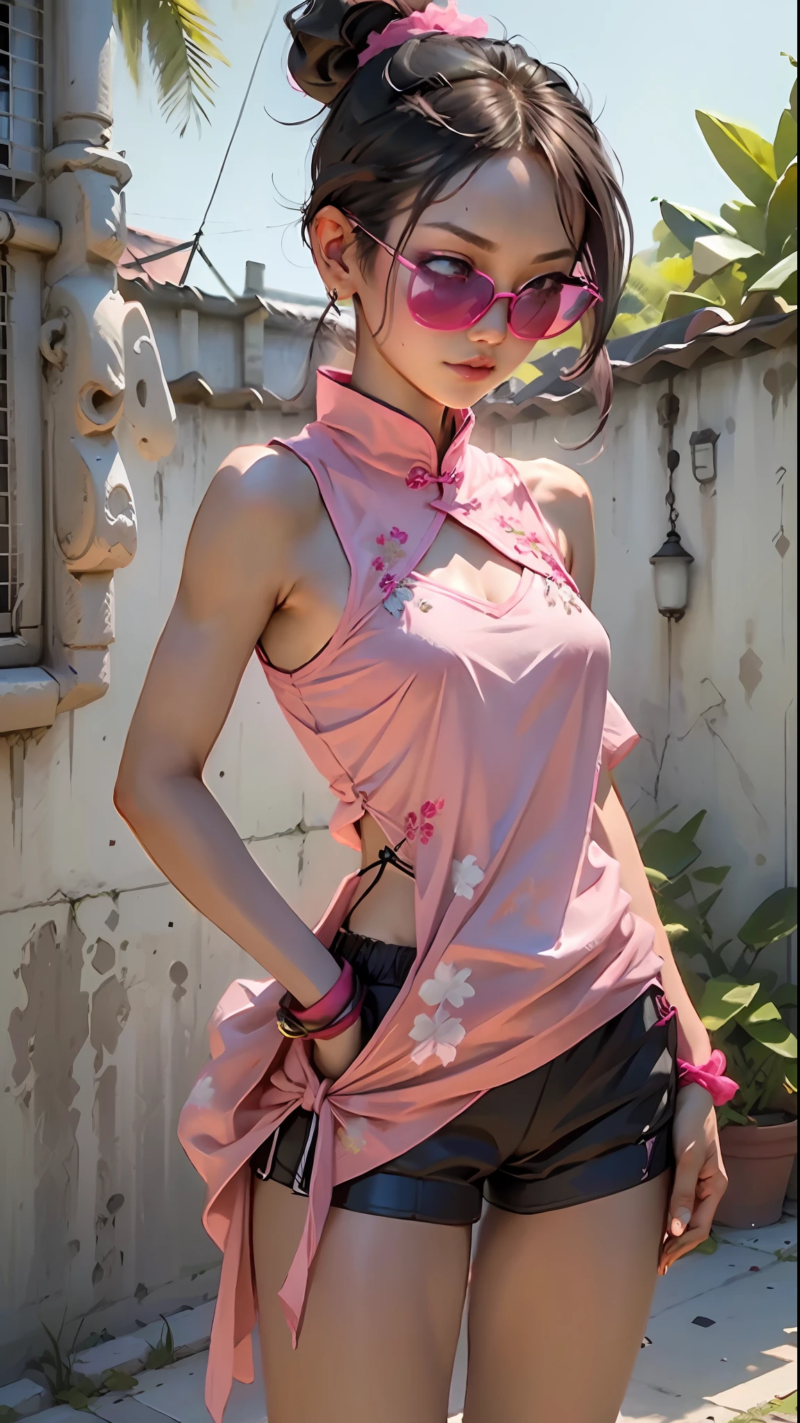 Sleeveless, pink china garment, (delicately embroidered china garment), pink short ponytail, black shorts, pink wristband, black sunglasses