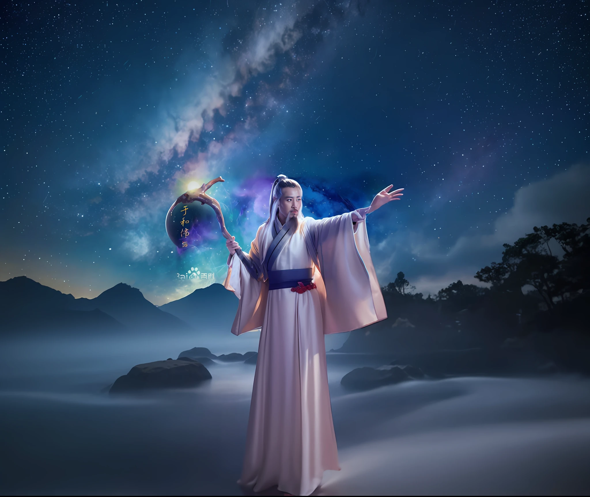 Ancient Chinese robes, classical and dignified, background universe starry sky