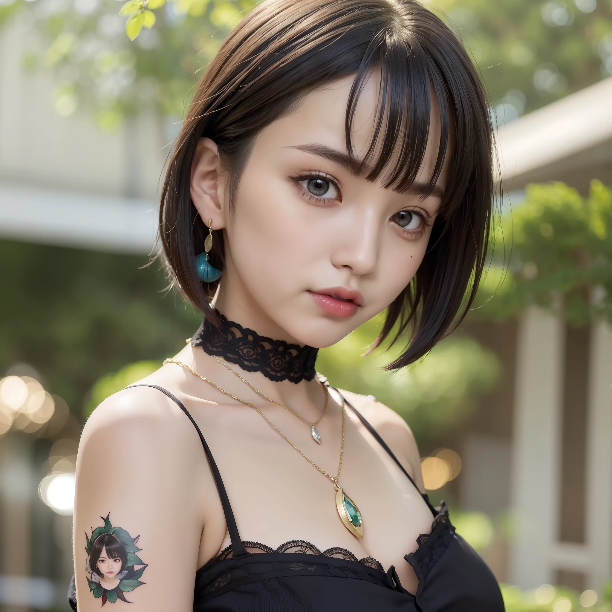 (8k, highest quality, masterpiece: 1.2), (realistic, photorealistic: 1.37), highest quality, very delicate and beautiful Japan girl, very detailed, elaborate details, masterpiece, top quality, official art, black hair, super detailed, high resolution, highly detailed face and skin texture, beautiful girl in perfect style, beautiful detailed eyes, face light, nose blush, ((one girl)), blue eyes, green eyes (Red Lips, Eye Makeup, (Black Hair, Short Hair, Bob Cut: 1.4), (Full Body: 1.3), Necklace, Earrings, Medium, Cleavage, (Short Sleeves, Cut-Off Shorts: 1.1), Tattoo, Slender Abs, Shiny Skin, Park, Outdoor, Professional Lighting, Realistic Shadows, Sharp Focus,