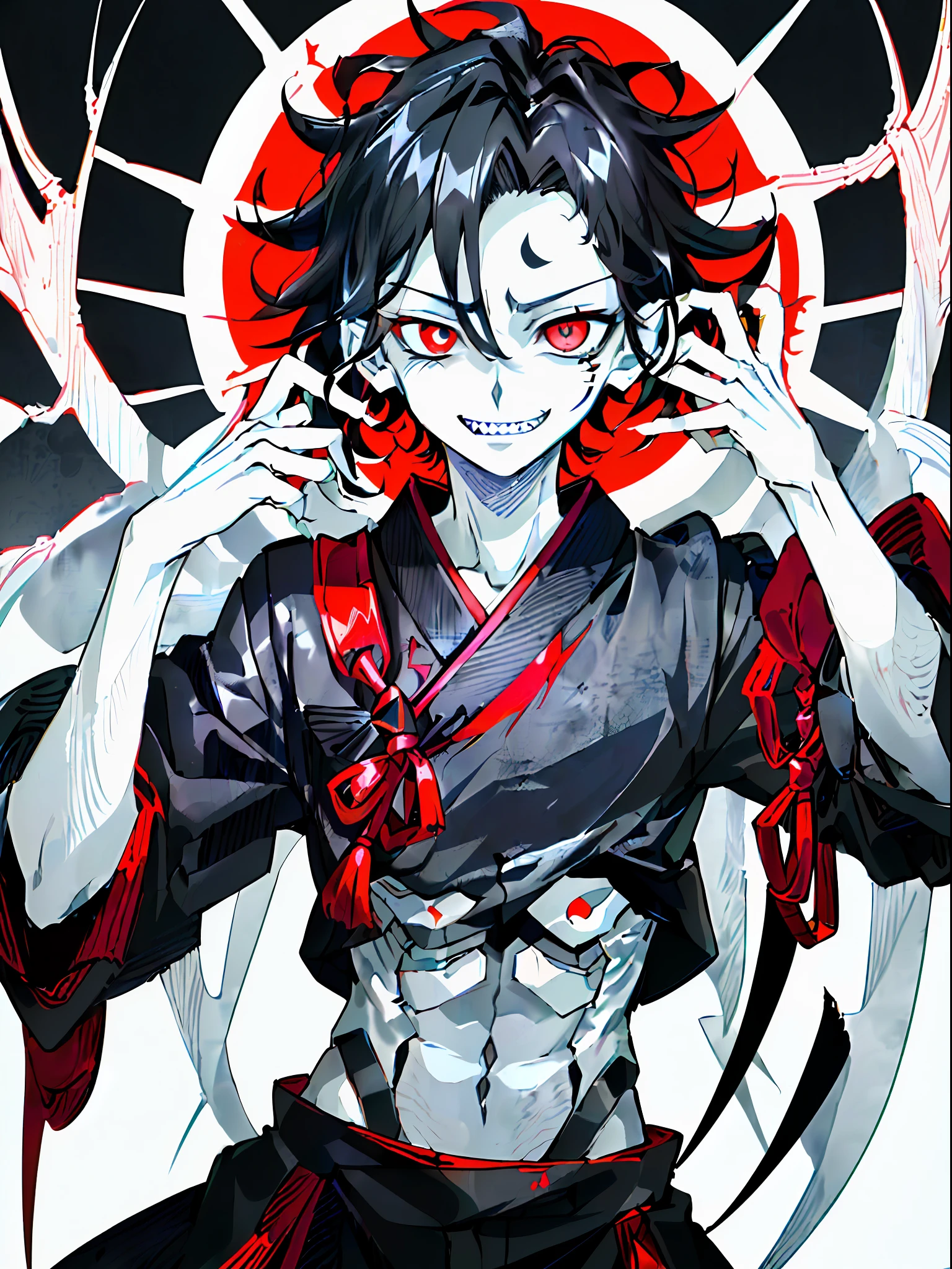 ((highest quality, masterpiece, 4k, finely detailed, detailed eyes, detailed face, gelbooru, pixiv)), warm lighting, ((solo)), 1 male, handsome, male, adult male, closeup face, ((black hair on chin)), portrait, smiling with fangs, looking at the viewer, ((lazy eyes, semi-eyelids, tired eyes, ((lifeless eyes)), wearing feudal Japanese clothes, standing, scary and sinister appearance. Their skin is pale and almost translucent, with dark veins visible all over their body. His eyes are completely white, with no irises or pupils, conveying a blank and menacing look. He has a wide mouth full of sharp teeth, which extends from ear to ear, creating a disturbing smile. Her hair is black and disheveled, falling over her face in a disheveled fashion.
Hikari no Oni has a lean, slender body with long limbs and claw-sharp fingers. He wears dark, torn clothes, adding a somber air to his appearance. Their presence is intimidating and conveys a sense of imminent danger.
In short, Hikari no Oni has a creepy masculine appearance, with pale skin, white eyes, and a menacing smile. Her black hair and torn clothes complete her dark and sinister image.