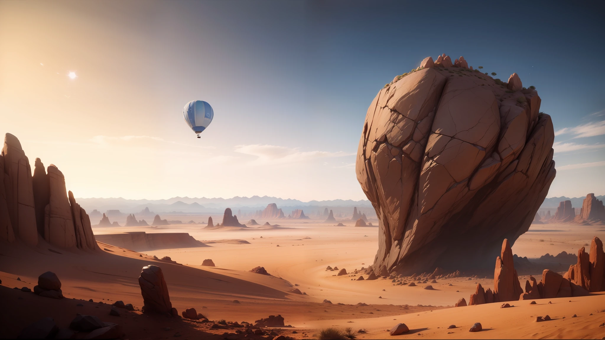 there is a large rock formation in the desert with a balloon flying overhead, antoine collignon, cymatics. auditory symbiogenesis, inspired by Ron Walotsky, unreal engine 5 : :, anamorphic lens flares, trending in cgsociety, from the mandalorian (2019), the witness, video game screenshot, daniel merrian :: ornate --auto --s2