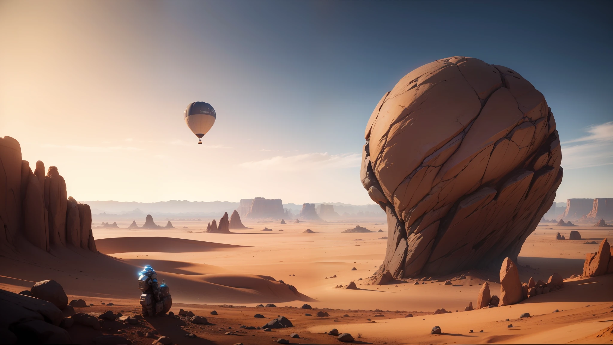 there is a large rock formation in the desert with a balloon flying overhead, antoine collignon, cymatics. auditory symbiogenesis, inspired by Ron Walotsky, unreal engine 5 : :, anamorphic lens flares, trending in cgsociety, from the mandalorian (2019), the witness, video game screenshot, daniel merrian :: ornate --auto --s2
