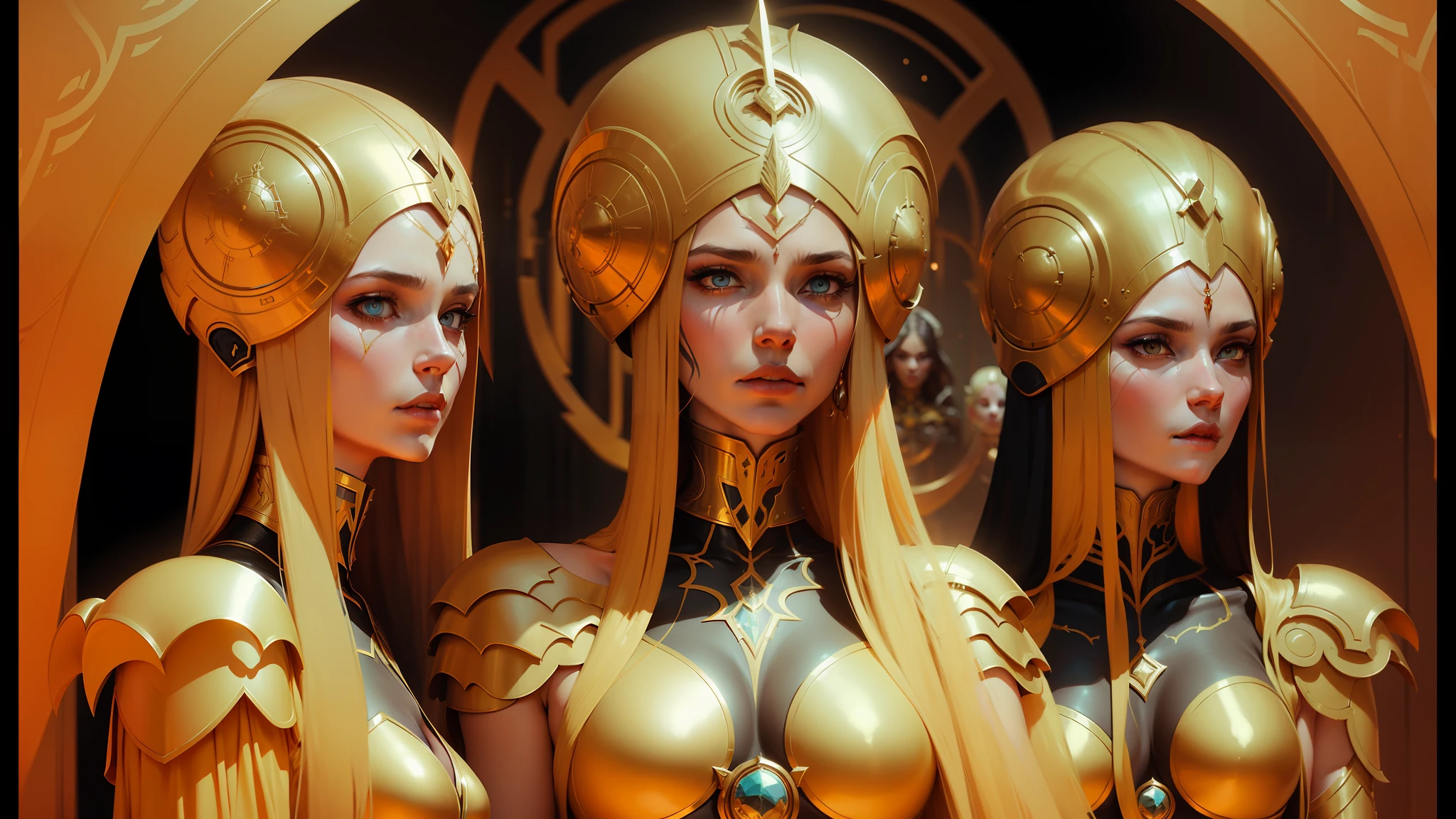 three women in futuristic costumes stand in front of a mirror, color palette of gold, ash thorp, god emperor of dune, major arcana palace occult, gorgeous and huge head ornaments, still from l'estate, by Fyodor Alekseyev, barsoom, cinematic pinterest style, inspired by Vasily Vereshchagin, graphic artist peter mohrbacher --auto --s2