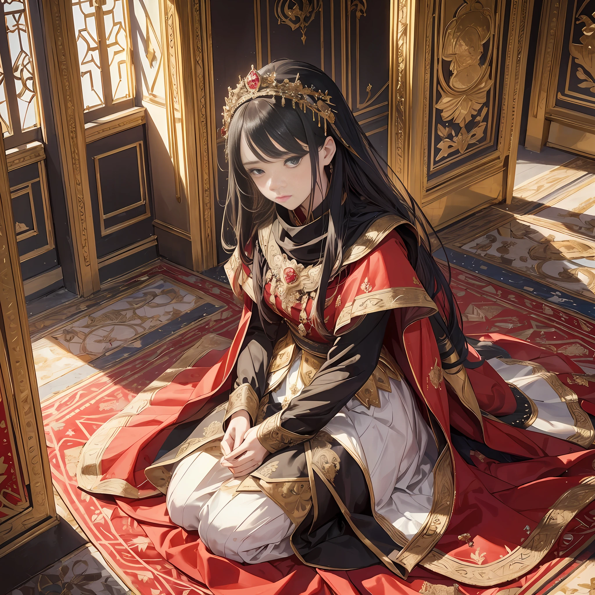 "(best quality), (masterpiece), 1 girl, gentle-faced, tragedy, betrayal, pain, wearing a magnificent court dress, disheveled hair, eyes filled with endless sorrow, sadness, anger, despair, a black court robe with golden embroidery and exquisite decorations, kneeling on the ground, hands holding a crimson silk scarf, tears falling on the veil, a bird's-eye view angle capturing her kneeling position and showcasing the magnificent palace and splendid scenery behind her, trembling hands tightly gripping the red scarf, expressing inner grief and unwillingness, palace interior, luxurious decorations, and magnificent scenery contrasting with the woman's despair."