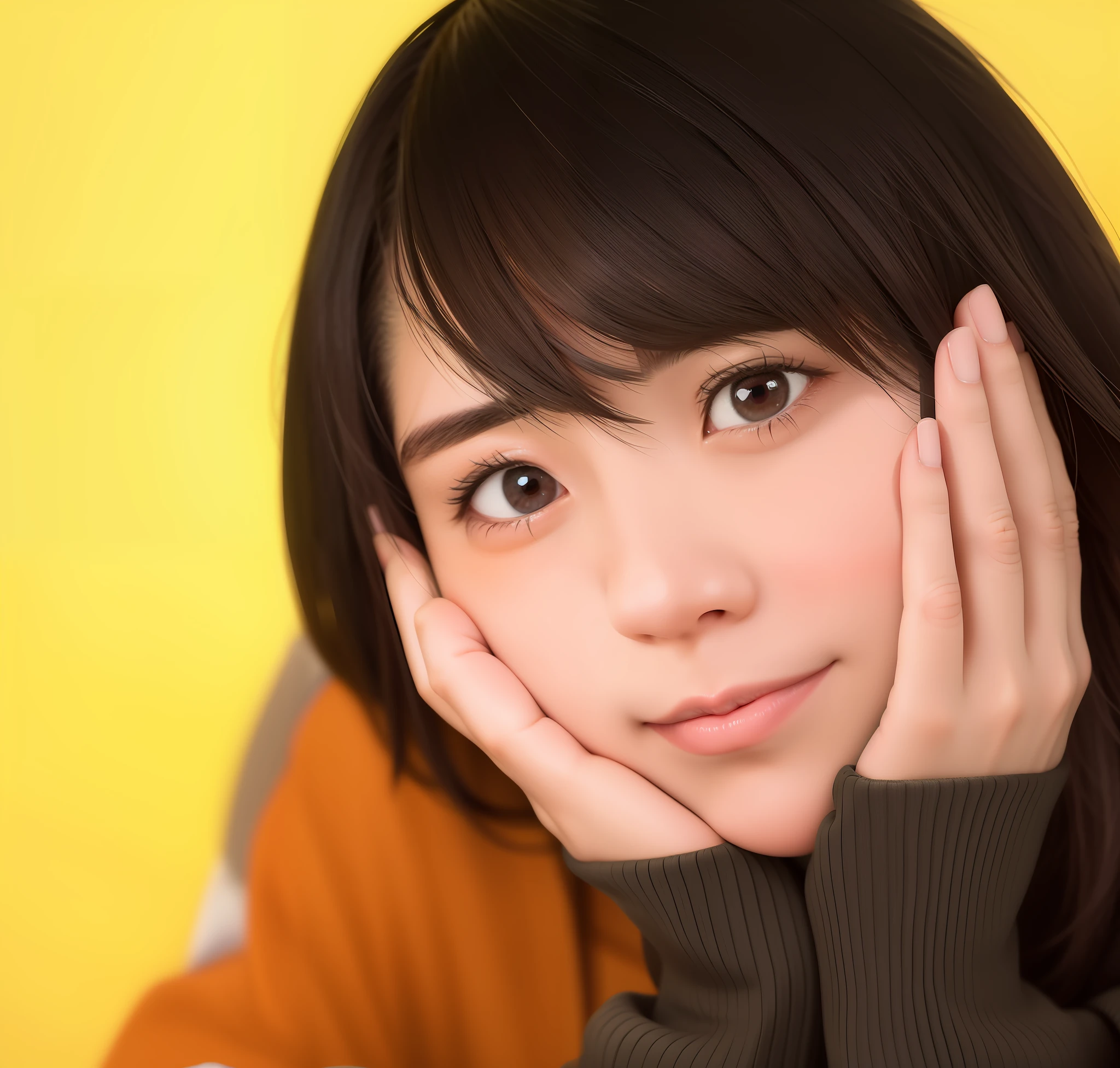 Woman taking photo with hands on face, Japan facial features, Japan age portrait, young cute one asian face, beautiful Japan girl face, soft eyes and narrow chin, cute face of girl, closeup portrait photo, soft smile, cute-fine-face, young woman face, bunny crowbar
