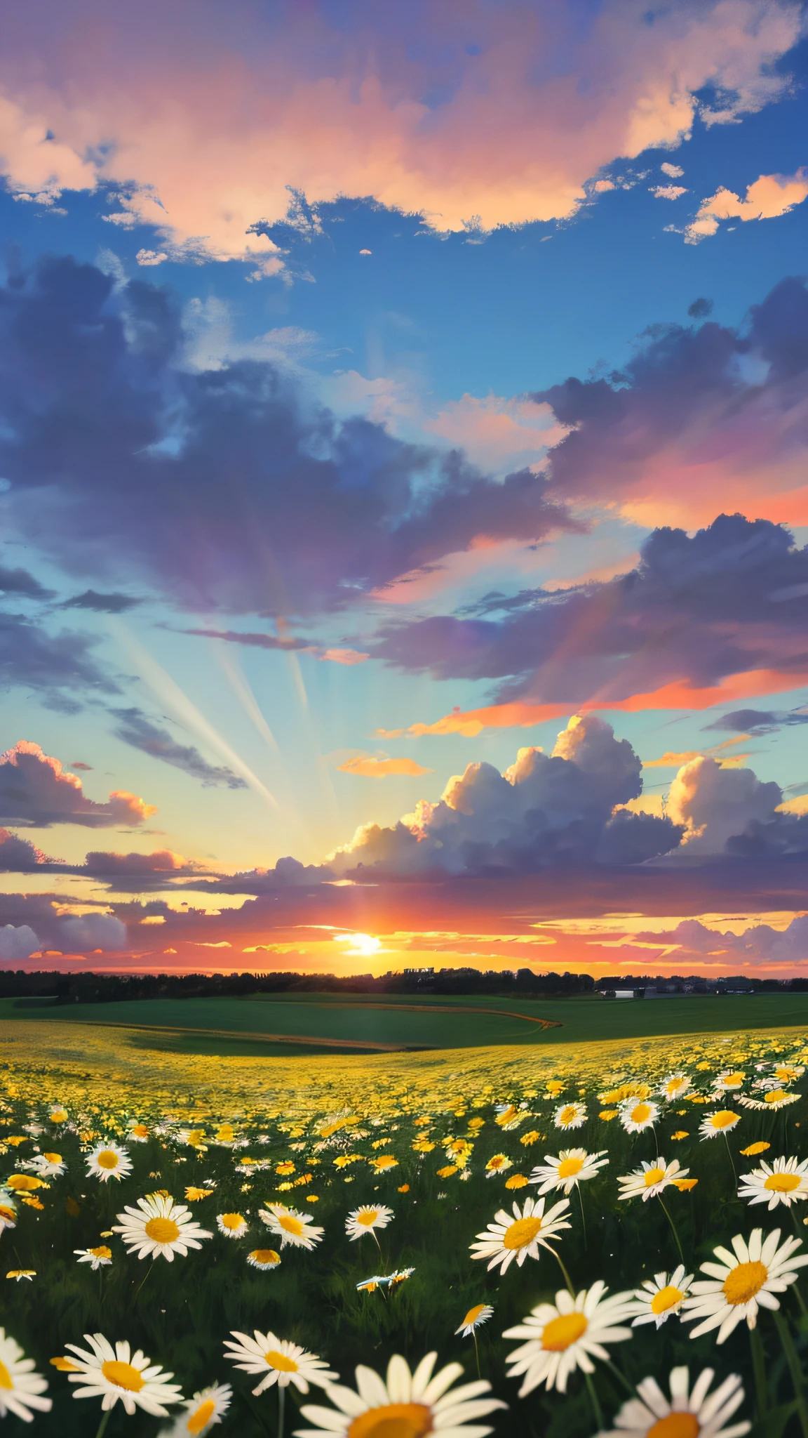 Dusk, sunset, breeze, daisies meet the sky in the distance, and the afterglow shines down through the clouds
