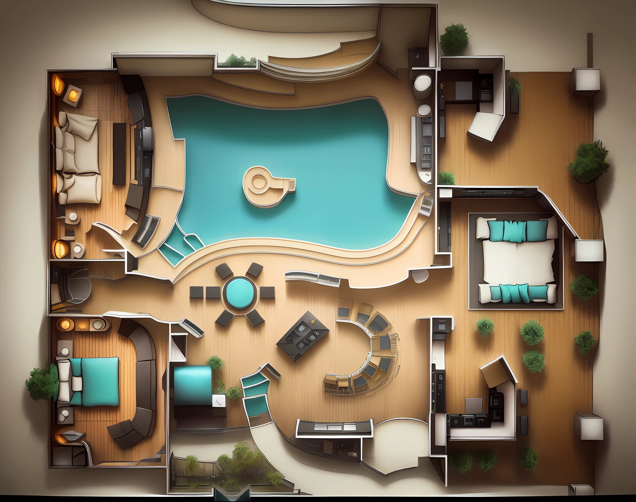 a diagram of a hotel room with a large living area, layout, floor plan, floor plan view, layout design, vip room, layout of map, amusement park interior design, top - view, full-bofy plan, overall architectural design, style of madhouse studio anime, high-end, high - end, [ overhead view ]!!, capsule hotel