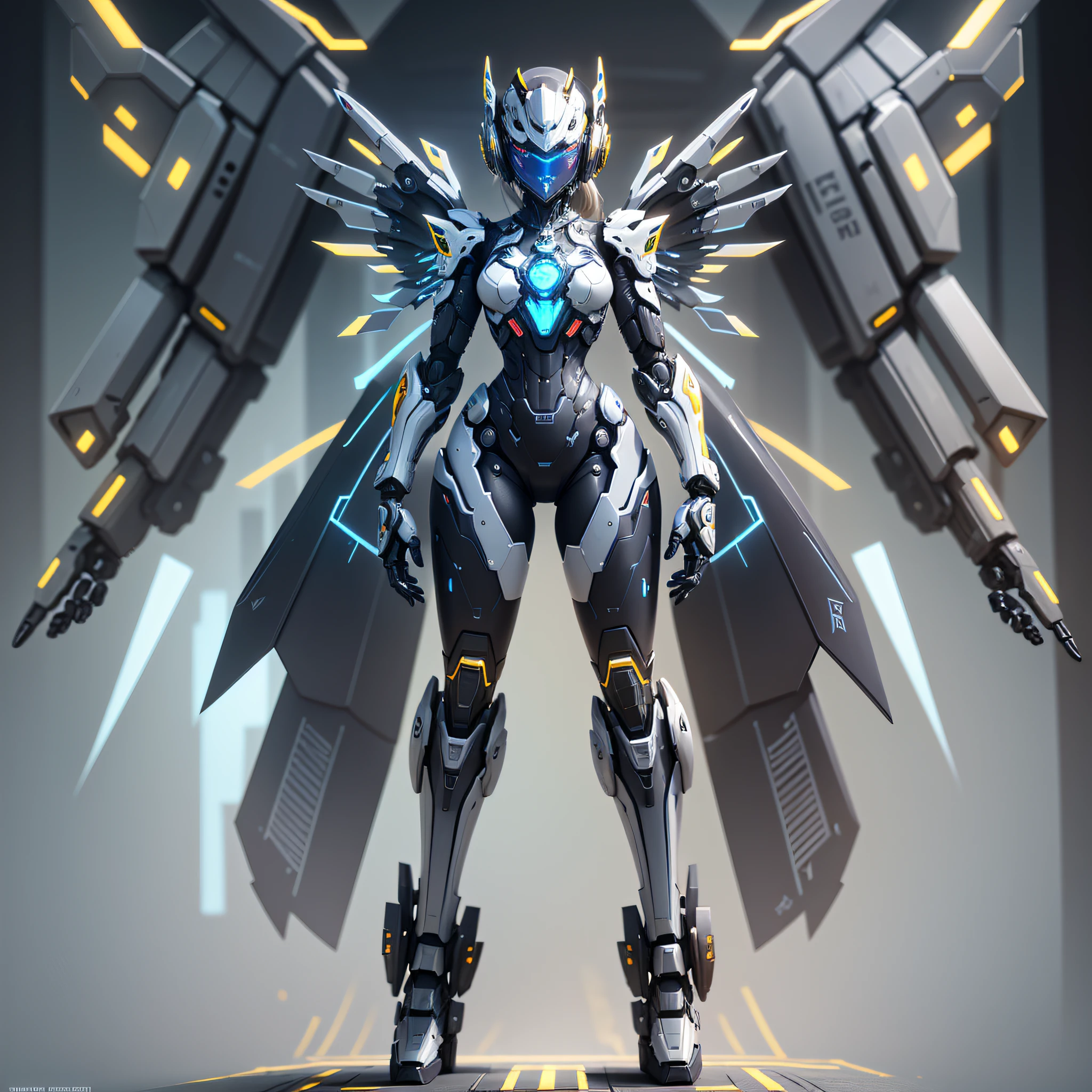Robot full body drawing with futuristic body and wings, mecha wings, female mecha, fingers spread normally, futuristic robot angel, high-quality digital concept art, mechanized Valkyrie girl, beautiful robot character design, mecha set, cool mecha style, symmetry! futuristic robot, smooth digital concept art, stunning 8K character concept design, art by Alessandro Pautasso, Nousr robot best quality, CGUNITY, original photo (beautiful:1.2) warframe style, black gold, ultra-detailed, ambient light, volumetric lighting, realistic, realistic lighting, cinematic lighting, sharp focus, dynamic pose, facial focus, looking at the audience, (high contrast:1.2), (film grain), intricate details, unreal engine, mecha, Robot joints, joints, helmets, armor, mecha palms, computer terminals, arcs --auto --s2