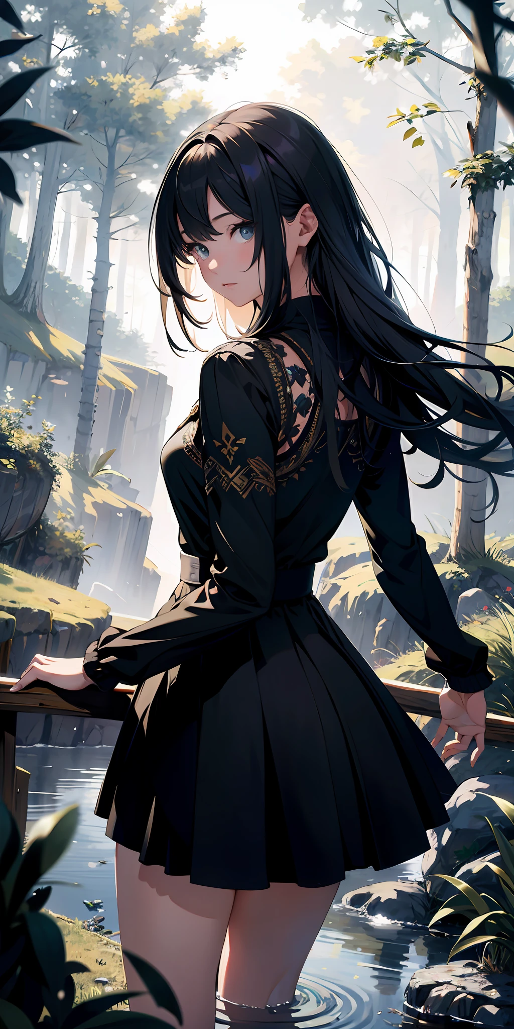 absurd res, high res, (masterpiece:1.4), ultra-detailed, 1girl, from above, space, floating,forest