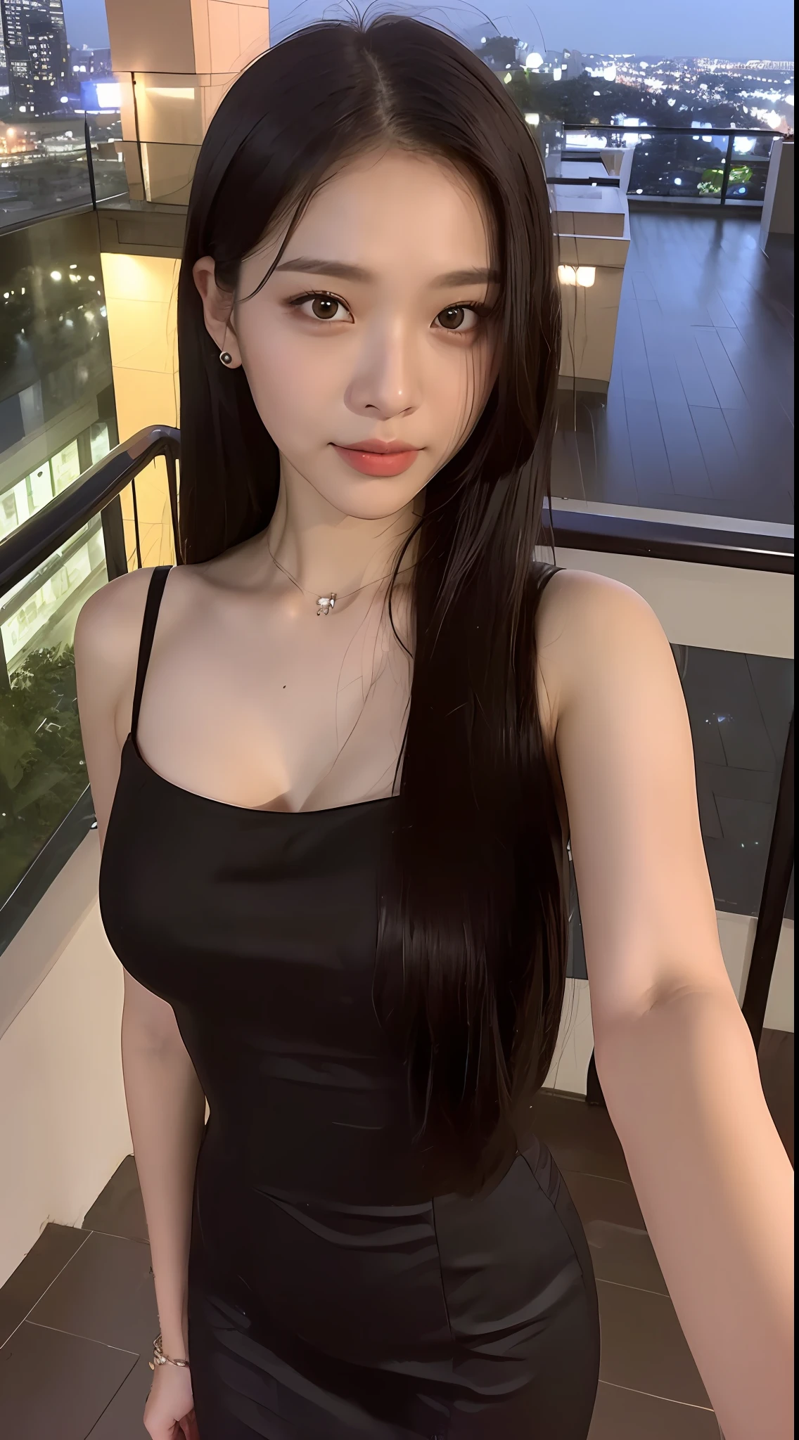 ((Best Quality, 8K, Masterpiece: 1.3)), Selfie, Sharp Focus: 1.2, Cute Beauty with Perfect Figure: 1.4, Slim Big Breasts: 1.2, ((Brown Black, Big Breasts: 1.2)) , (Small transparent dress, semi-nude, highly fine breasts, happy expression, Standing: 1.2), ((Night view of the rainy city, simple balcony: 1.3 made with a female main focus)), highly detailed facial and skin texture, detailed eyes, double eyelids, super sexy suspenders, transparent clothes