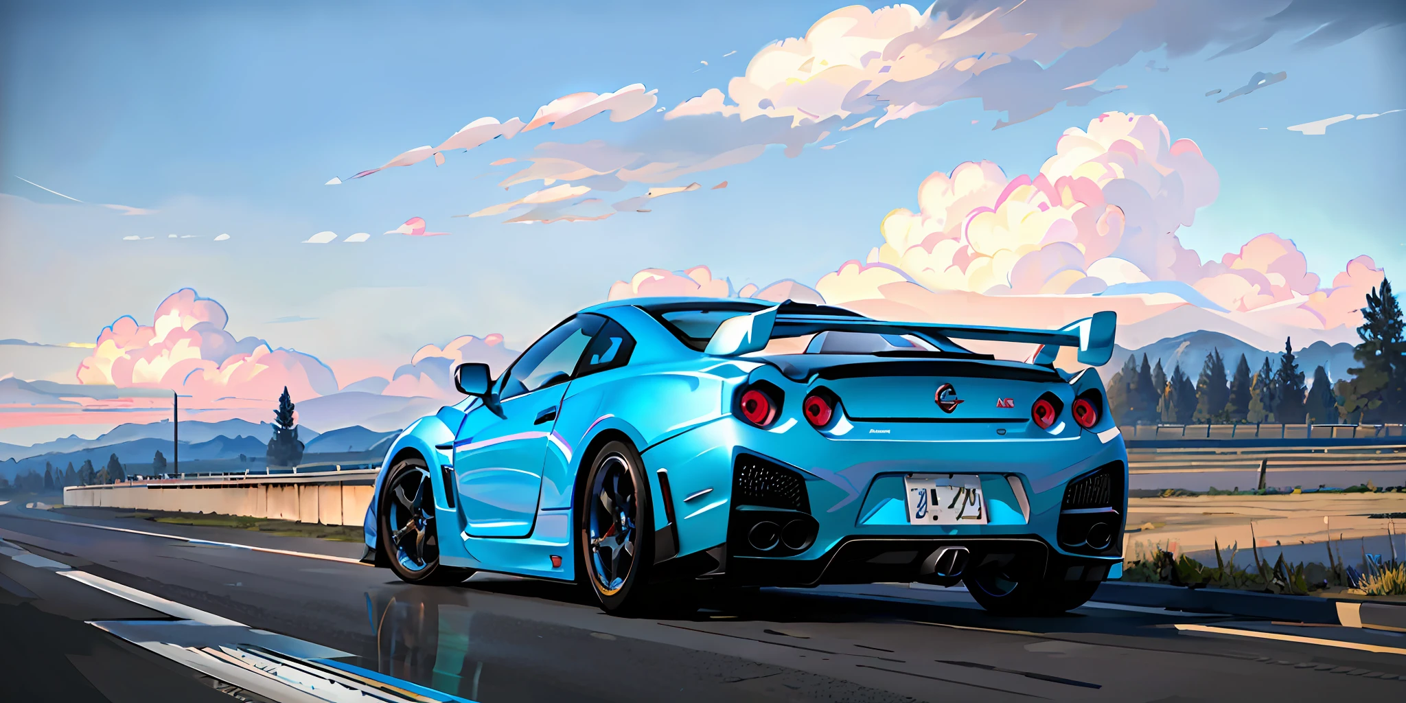 Masterpiece, best quality, official art, extremely detailed CG unity 8k wallpaper, illustration, day, in spring, cloudy, sky, beautiful detailed sky, light, official art, very detailed CG unity 8k wallpaper, illustration, day, in spring, cloudy, sky, beautiful detailed sky, light, 1car, (car:1), motor vehicle, ground vehicle, sports car, nissan, gtr, blue car, skyline R34, vehicle focus, road, need for speed, mobile, wet ,