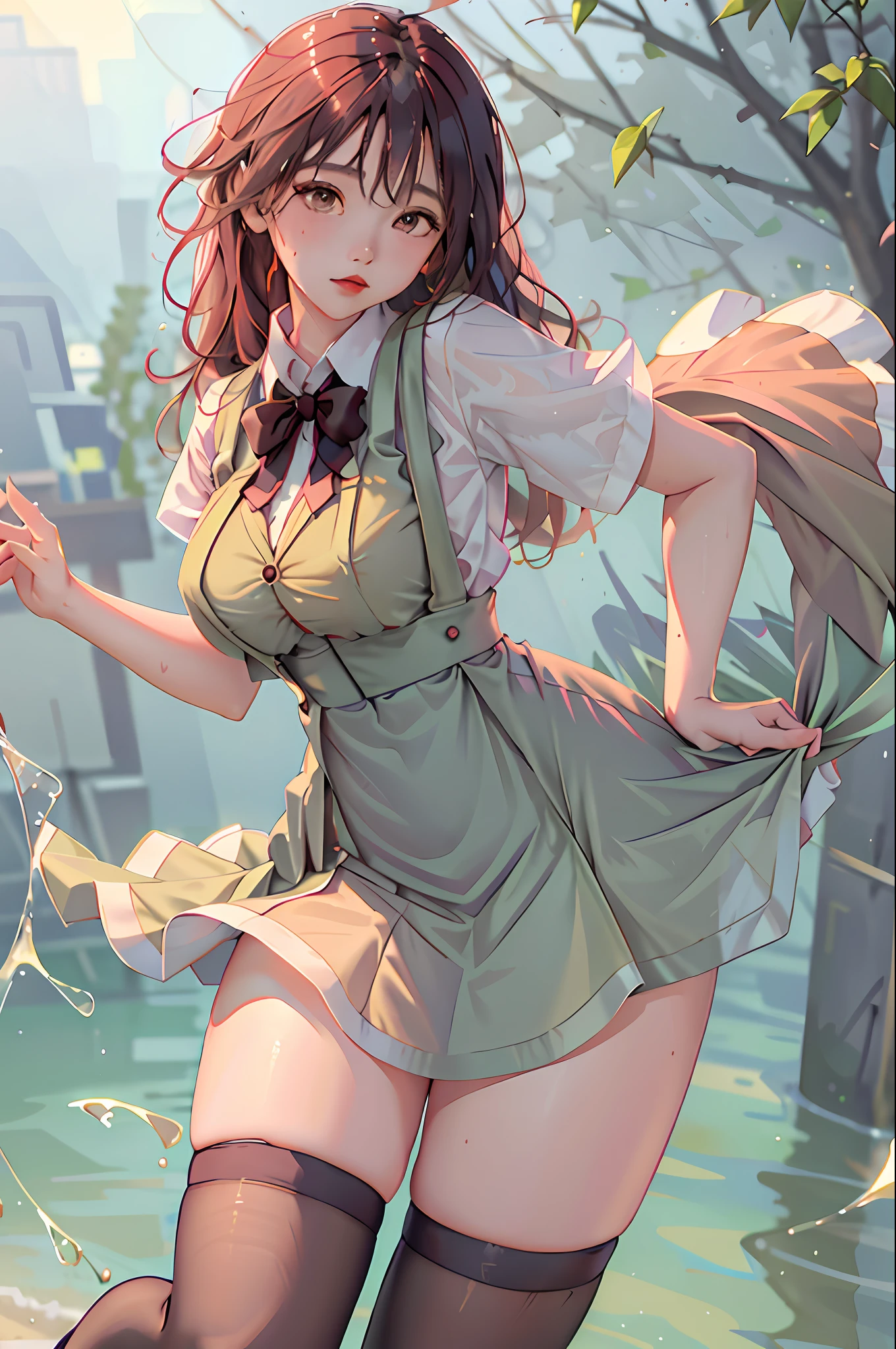 masterpiece, superlative, spring, colored hair, outdoor, transparent skirt, stockings, suspenders, light tulle, wide hips, thin waist, short skirt, dress less, thick thighs, wide hips, thin waist, tall, coral,, (sweat: 1.2), (wet), sexy, blush
