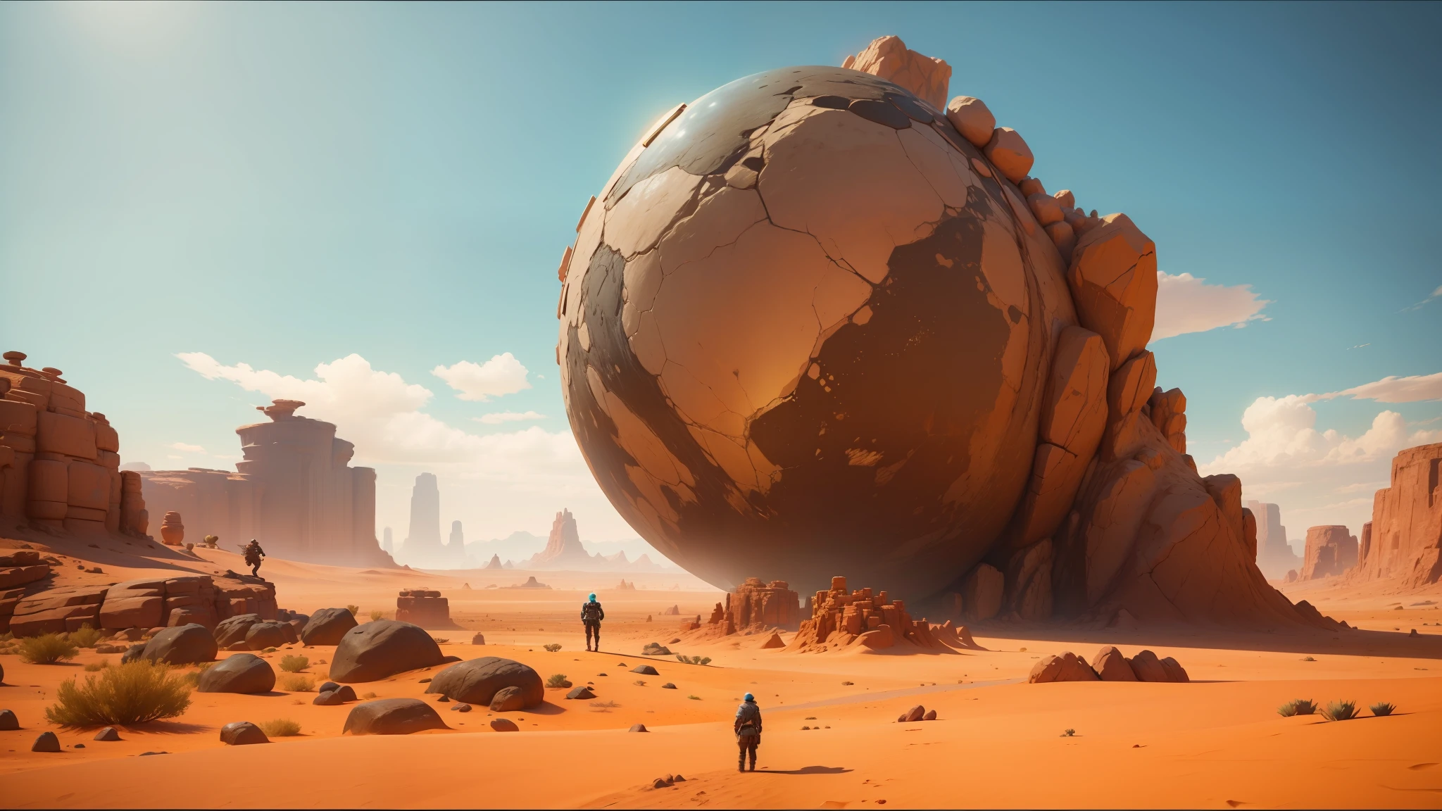 there is a man standing in the desert looking at a large rock, life simulator game screenshot, giant sculpture, outer worlds, inspired by Theodore Major, heaven planet in background, screenshot from a movie, the witness, ingame image, satisfactory screenshot --auto --s2