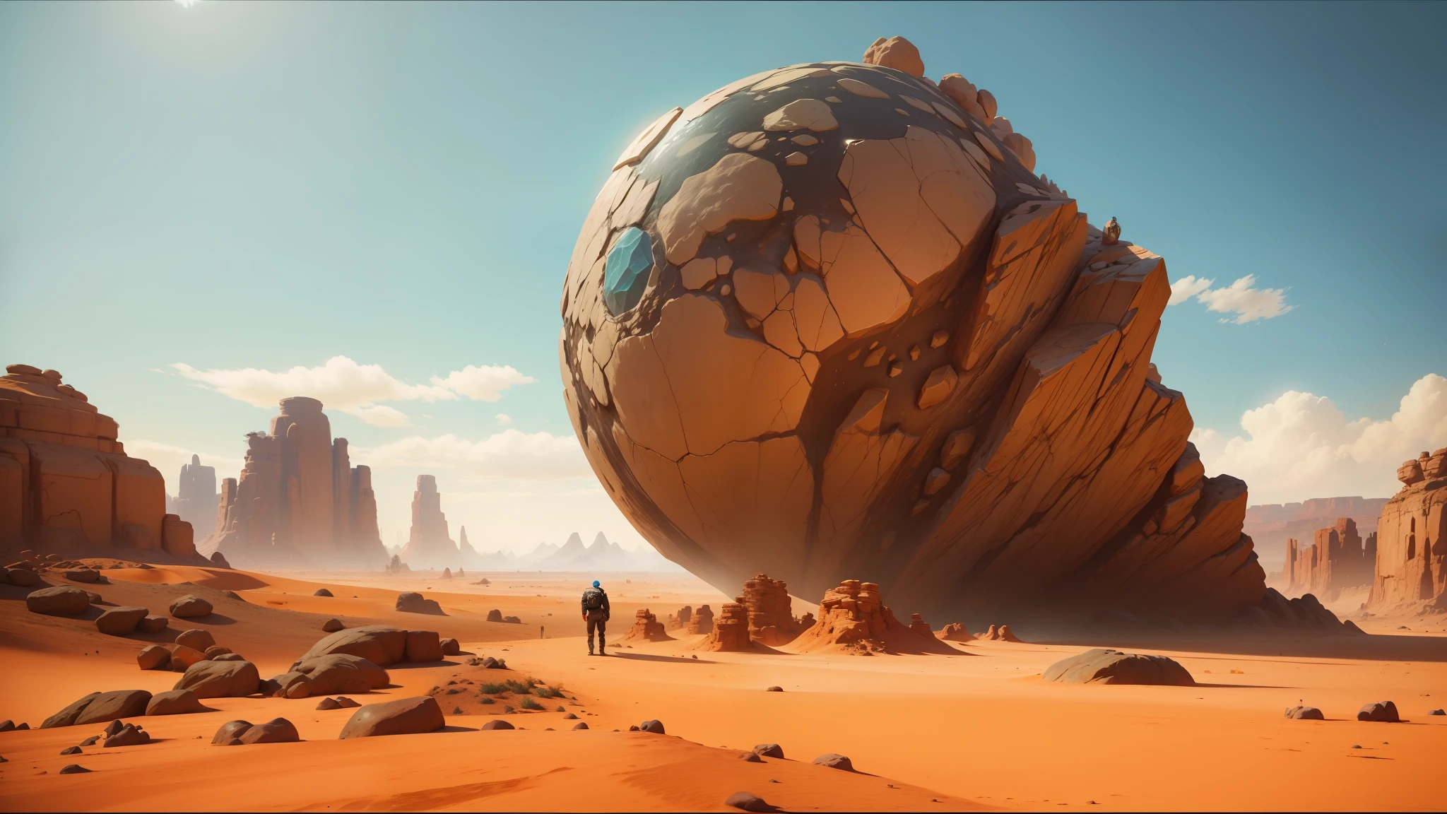 there is a man standing in the desert looking at a large rock, life simulator game screenshot, giant sculpture, outer worlds, inspired by Theodore Major, heaven planet in background, screenshot from a movie, the witness, ingame image, satisfactory screenshot --auto --s2