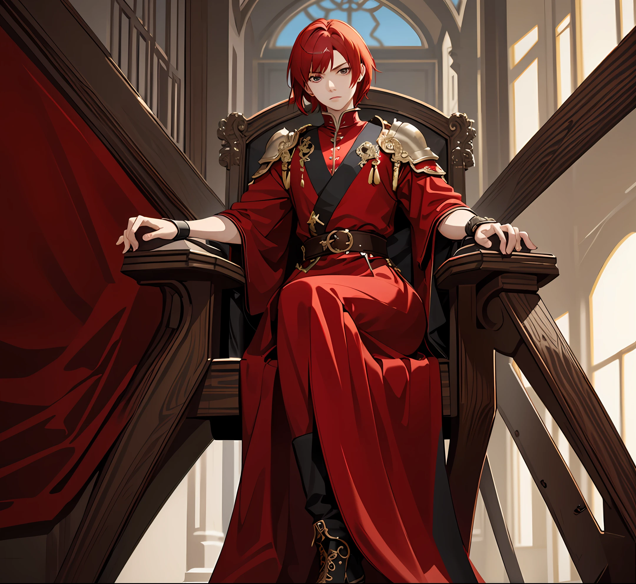 (masterpiece quality), extremely high detail, short hair, red hair young man, full pledge armor, sword master, portait, sitting on the throne, looking at the camera, portait, last boss vibe, shallow depth field, unreal engine 8, rtx on, kingfom background,