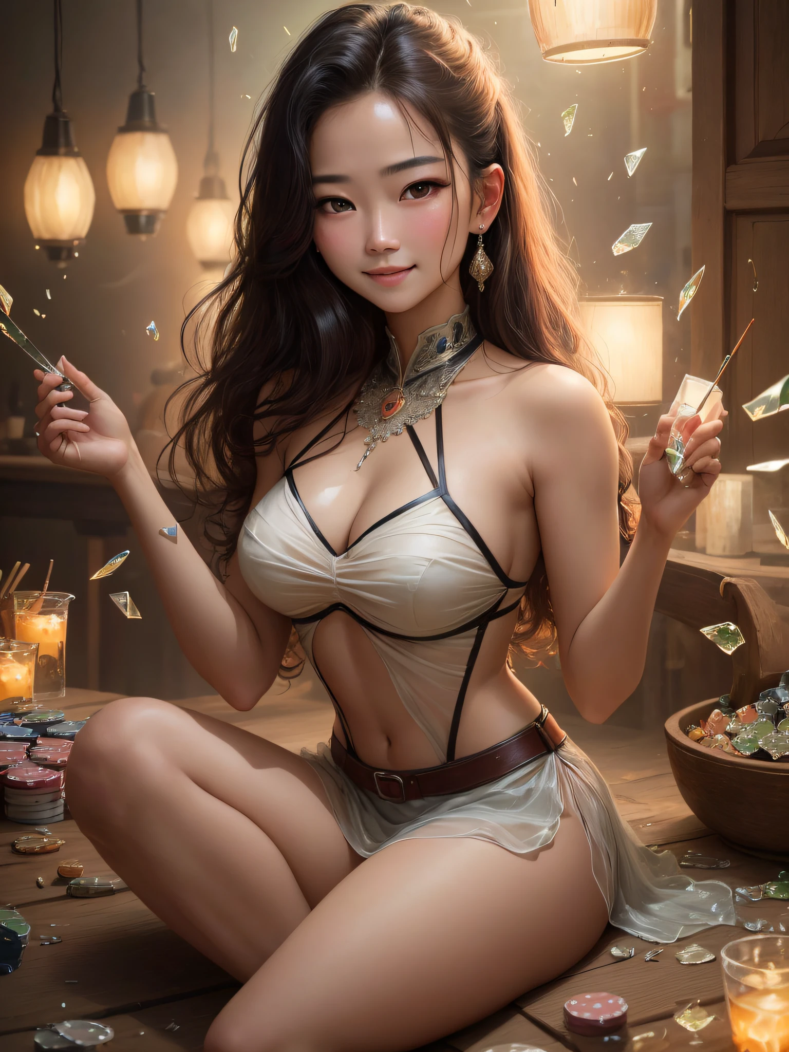 Best quality, masterpiece, high resolution, sexy woman holding poker, Malaysian woman, 18 years old, delicate face, martial arts, smile, sexy, low cut, good family condition, high resolution, 4k, 8k, broken glass (masterpiece, side light, delicate beautiful eyes: 1.2),