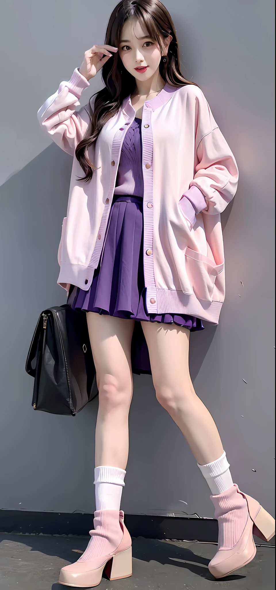 2. Purple Chiffon Skirt with Light Pink Knit Cardigan
The purple chiffon skirt has a luxurious and romantic feel, which forms a perfect contrast with the light pink knit cardigan. This combination is suitable for wearing in spring or autumn and can be paired with high heels or ankle boots to make the overall look more layered.
