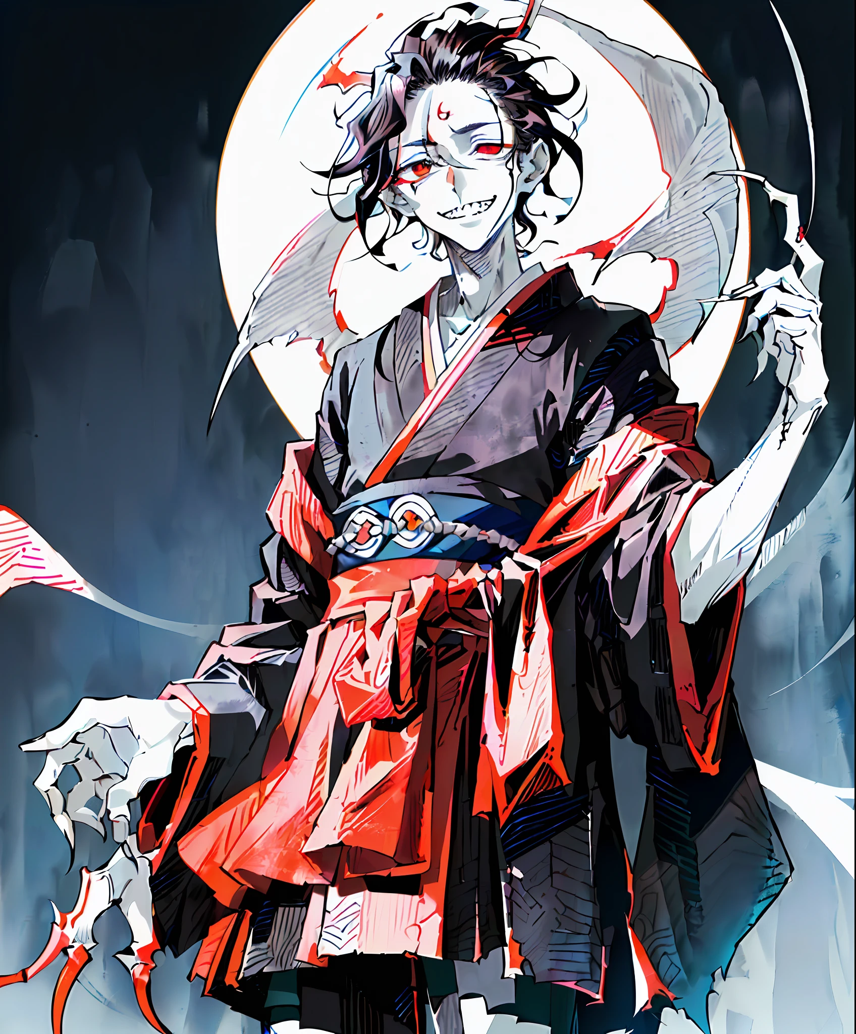 ((highest quality, masterpiece, 4k, finely detailed, detailed eyes, detailed face, gelbooru, pixiv)), warm lighting, ((solo)), 1 male, handsome, male, adult male, closeup face, ((black hair on chin)), portrait, smiling with fangs, looking at the viewer, ((lazy eyes, semi-eyelids, tired eyes, ((lifeless eyes)), wearing feudal Japanese clothes, standing, scary and sinister appearance. Their skin is pale and almost translucent, with dark veins visible all over their body. His eyes are completely white, with no irises or pupils, conveying a blank and menacing look. He has a wide mouth full of sharp teeth, which extends from ear to ear, creating a disturbing smile. Her hair is black and disheveled, falling over her face in a disheveled fashion.
Hikari no Oni has a lean, slender body with long limbs and claw-sharp fingers. He wears dark, torn clothes, adding a somber air to his appearance. Their presence is intimidating and conveys a sense of imminent danger.
In short, Hikari no Oni has a creepy masculine appearance, with pale skin, white eyes, and a menacing smile. Her black hair and torn clothes complete her dark and sinister image.