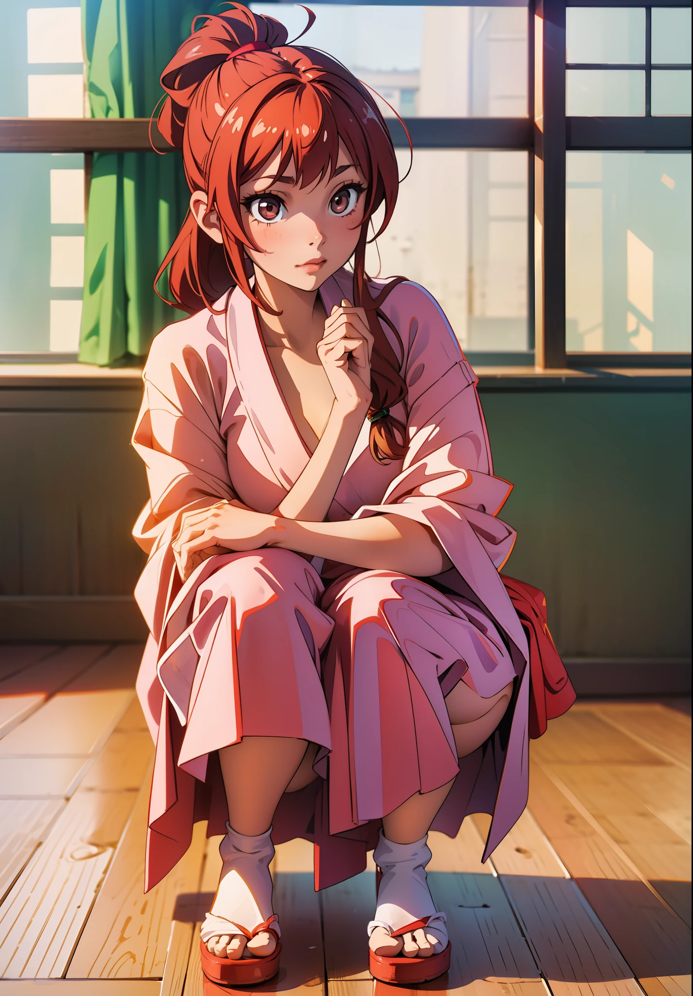 Beautiful girl in red and white yukata crouching and touching hair with one hand, looking at camera, background blur,