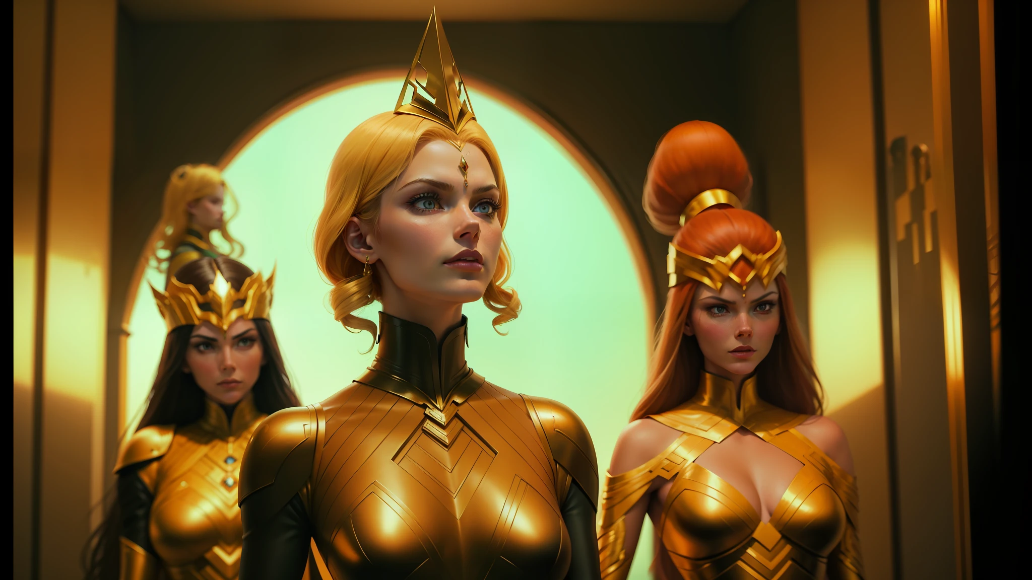 three women in gold dresses stand in a doorway with a light shining on them, mars attacks, style is a blend of æon flux, in front of an orange background, still from loki ( 2 0 2 1 ), elisha cuthbert as a rpg warrior, sexy charlise theron, 1968 psychedelic, inspired by Géza Mészöly --auto --s2