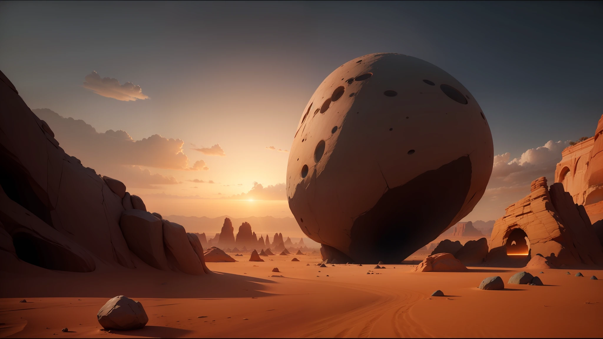 there is a large rock in the middle of a desert, unreal engine 5 showcase, by Storm Thorgerson, video game screenshot>, trending on artforum, urs fischer, pixar cartoon, floating spheres and shapes, ultra realistic 8 k, wide angle. rudolf herczog, orbital, vfxfriday --auto --s2