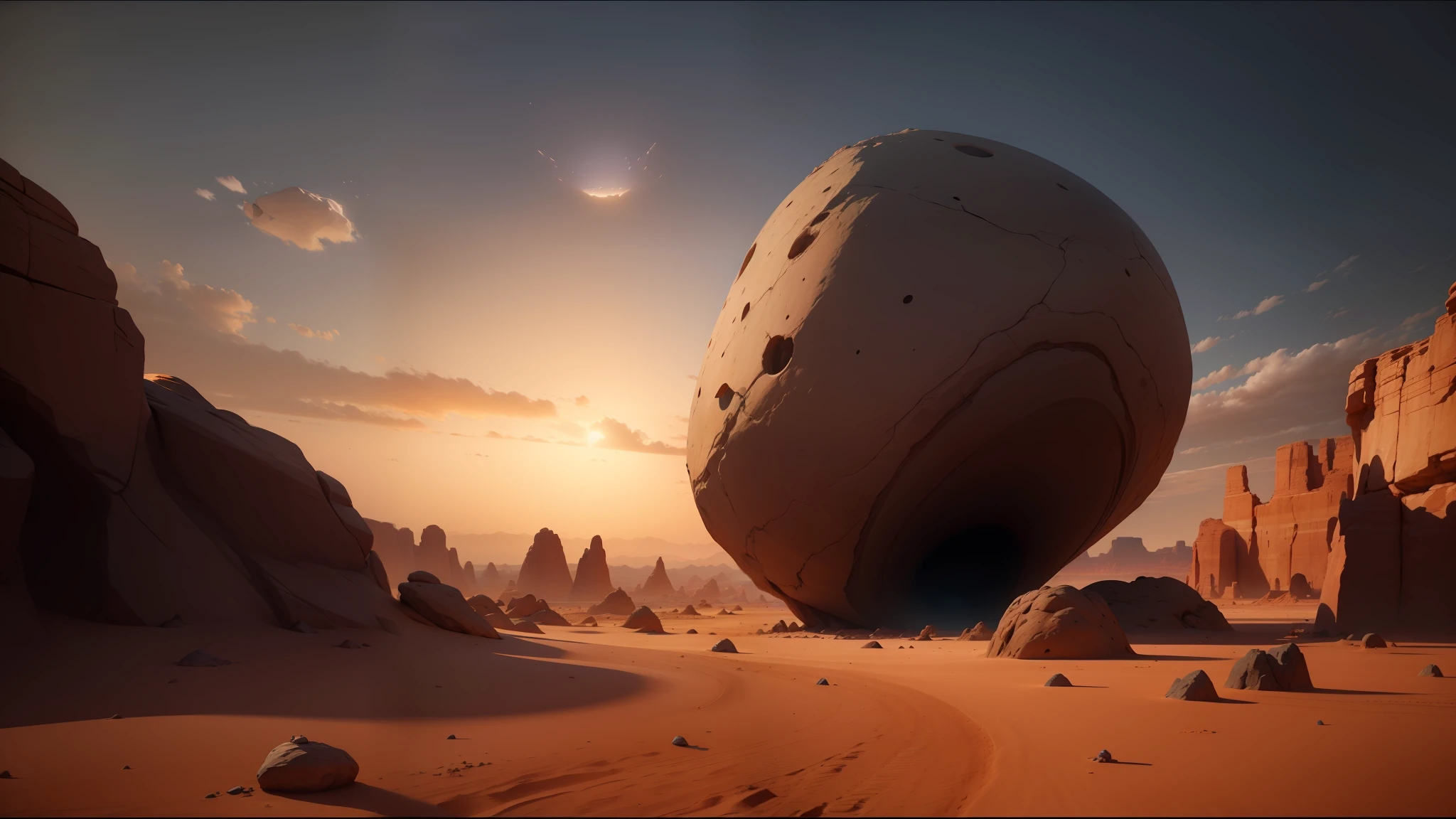 there is a large rock in the middle of a desert, unreal engine 5 showcase, by Storm Thorgerson, video game screenshot>, trending on artforum, urs fischer, pixar cartoon, floating spheres and shapes, ultra realistic 8 k, wide angle. rudolf herczog, orbital, vfxfriday --auto --s2
