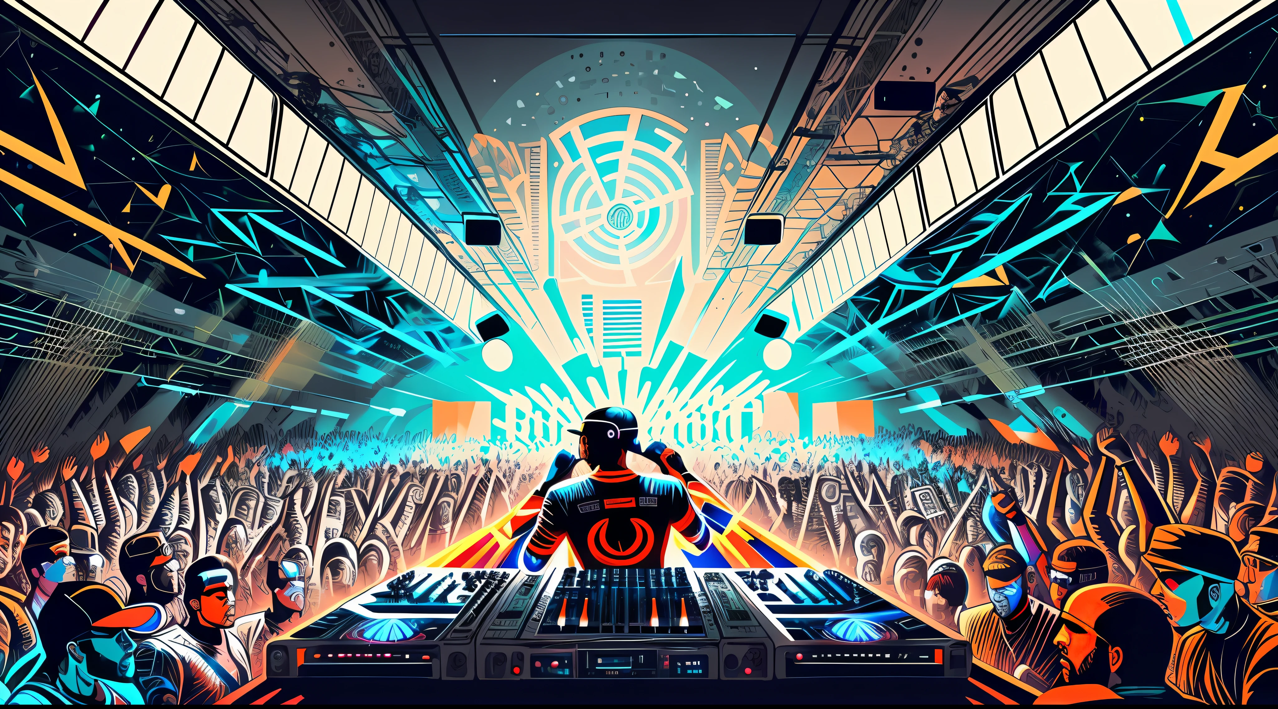 there is a man that is playing a dj in front of a crowd, wonderfull techno party, wonderful techno party, techno party, portrait of lucha libre dj, dj rave party, extremely high quality artwork, dramatic lights, album art for a trance dj, industrial party, rave art, dj, background artwork, artist unknown, in style of digital illustration, massive crowd