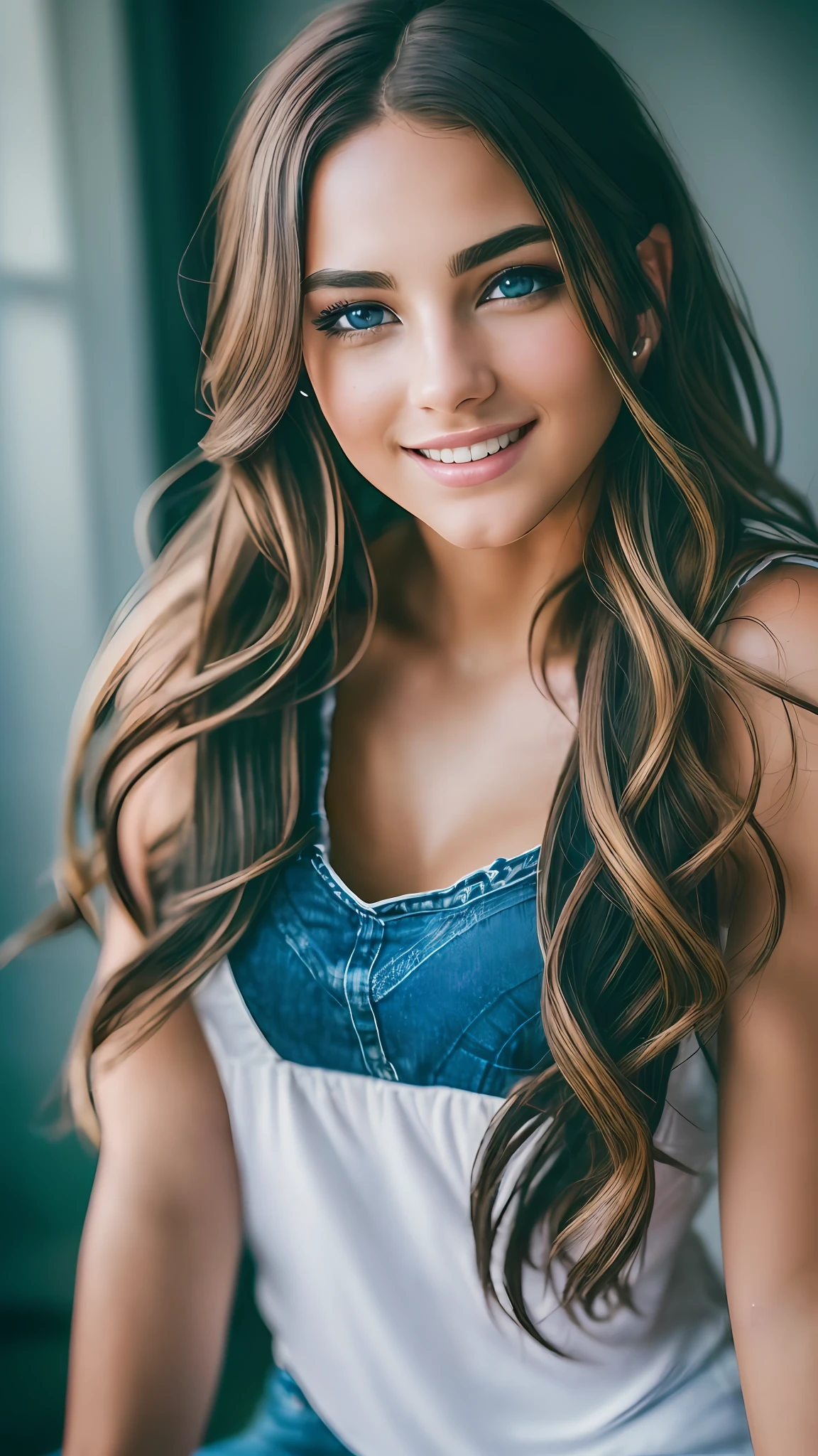 (RAW, analogue, Nikon Z 14mm ultra-wide angle lens, award-winning glamour photograph, ((best quality)), ((masterpiece)), ((realistic)), skin pores, subsurface scattering, radiant light rays, high-res, detailed facial features, high detail, sharp focus, smooth, aesthetic, extremely detailed, (extremely detailed eyes, extremely detailed iris), extremely detailed hair, extremely detailed skin, extremely detailed clothes, octane render, photorealistic, realistic, post-processing, max detail, realistic shadows, roughness, natural skin texture, real life, ultra-realistic, photorealism, photography, 8k UHD, photography, hdr, intricate, elegant, highly detailed, sharp focus, stunning, beautiful, gorgeous), (masterpiece:1.2, best quality1:1, ultra-detailed:1.2, best shadow, 8k:1.1), (massive city:1.3, rooftop:1.1, city structures below, handrails), (contrasting background, bright background), (beautiful detailed face), high contrast, (perfect illumination:1.2, beautiful color, delicate color), ((cinematic light)), colorful, hyper detail, dramatic light, intricate details, (1 girl, solo, brown hair, smiling face, short hair, wavy hair:1.1, blue eyes, dynamic angle, white tanktop, jeans, cowboy shot, arms down), depth of field