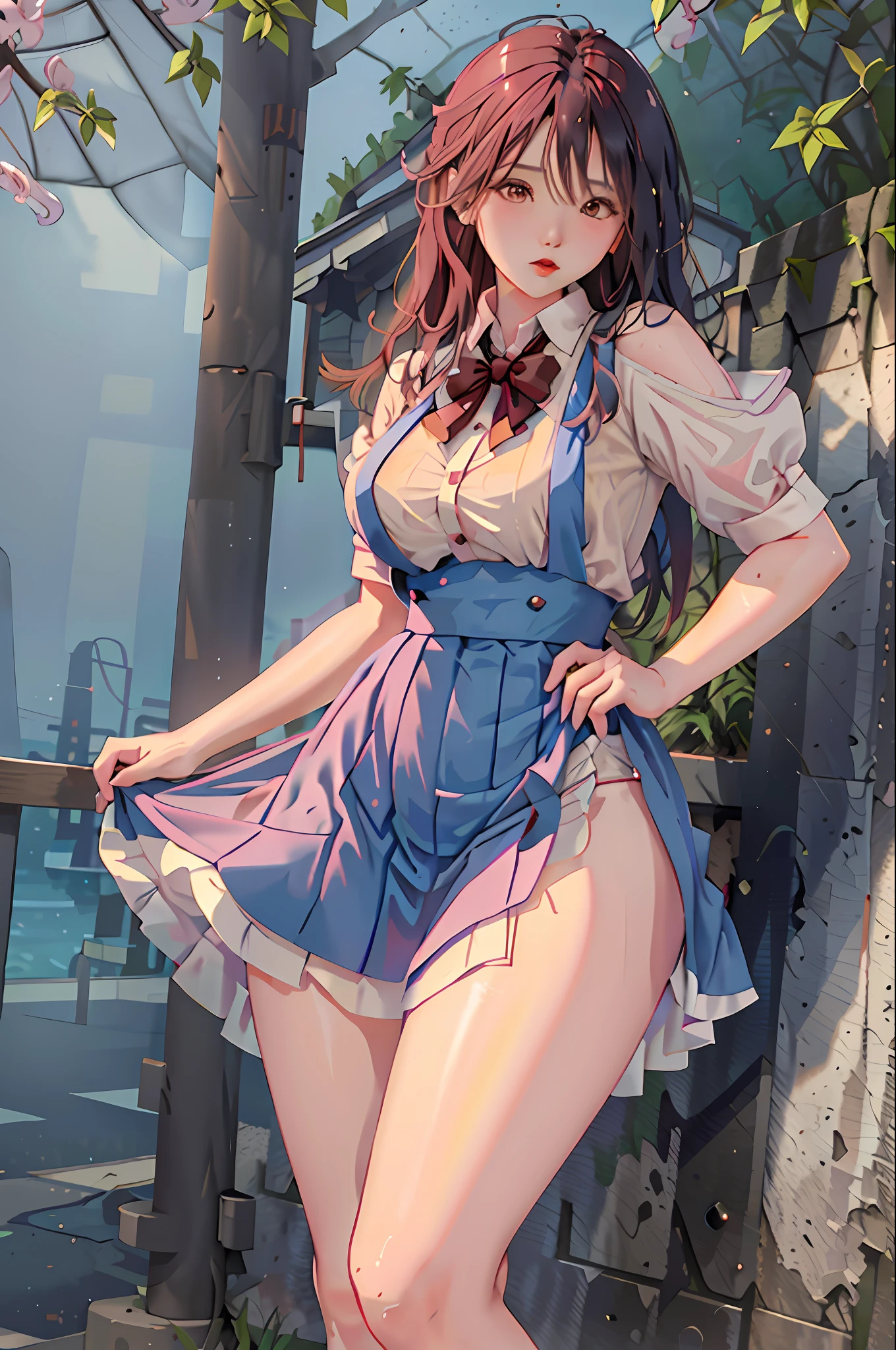 masterpiece, superlative, spring, colored hair, outdoor, transparent skirt, stockings, suspenders, light tulle, wide hips, thin waist, short skirt, dress less, thick thighs, wide hips, thin waist, tall, coral,, (sweat: 1.2), (wet), sexy, blush