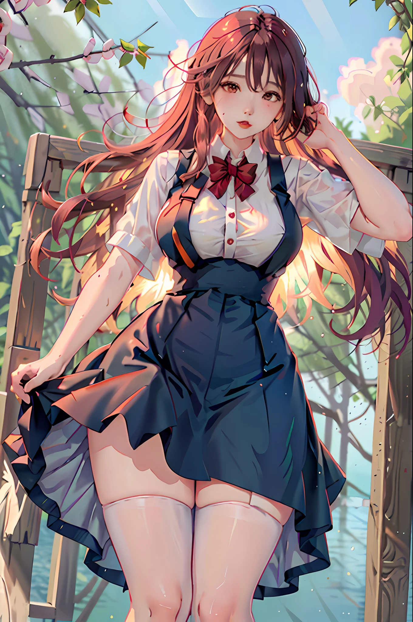 masterpiece, superlative, spring, colored hair, outdoor, transparent skirt, stockings, suspenders, light tulle, wide hips, thin waist, short skirt, dress less, thick thighs, wide hips, thin waist, tall, coral,, (sweat: 1.2), (wet), sexy, blush