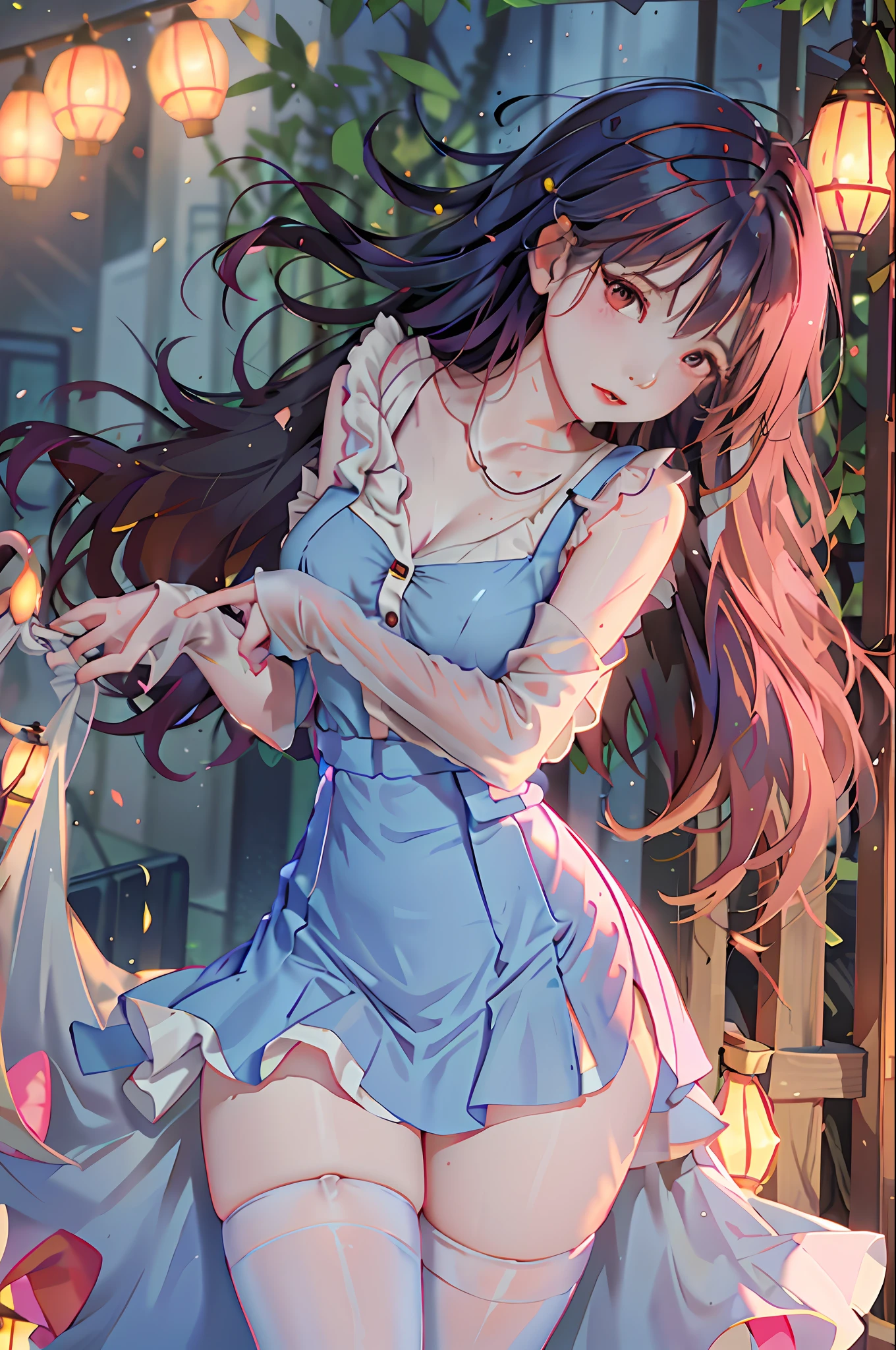 masterpiece, superlative, spring, colored hair, outdoor, transparent skirt, stockings, suspenders, light tulle, wide hips, thin waist, short skirt, dress less, thick thighs, wide hips, thin waist, tall, coral,, (sweat: 1.2), (wet), sexy, blush
