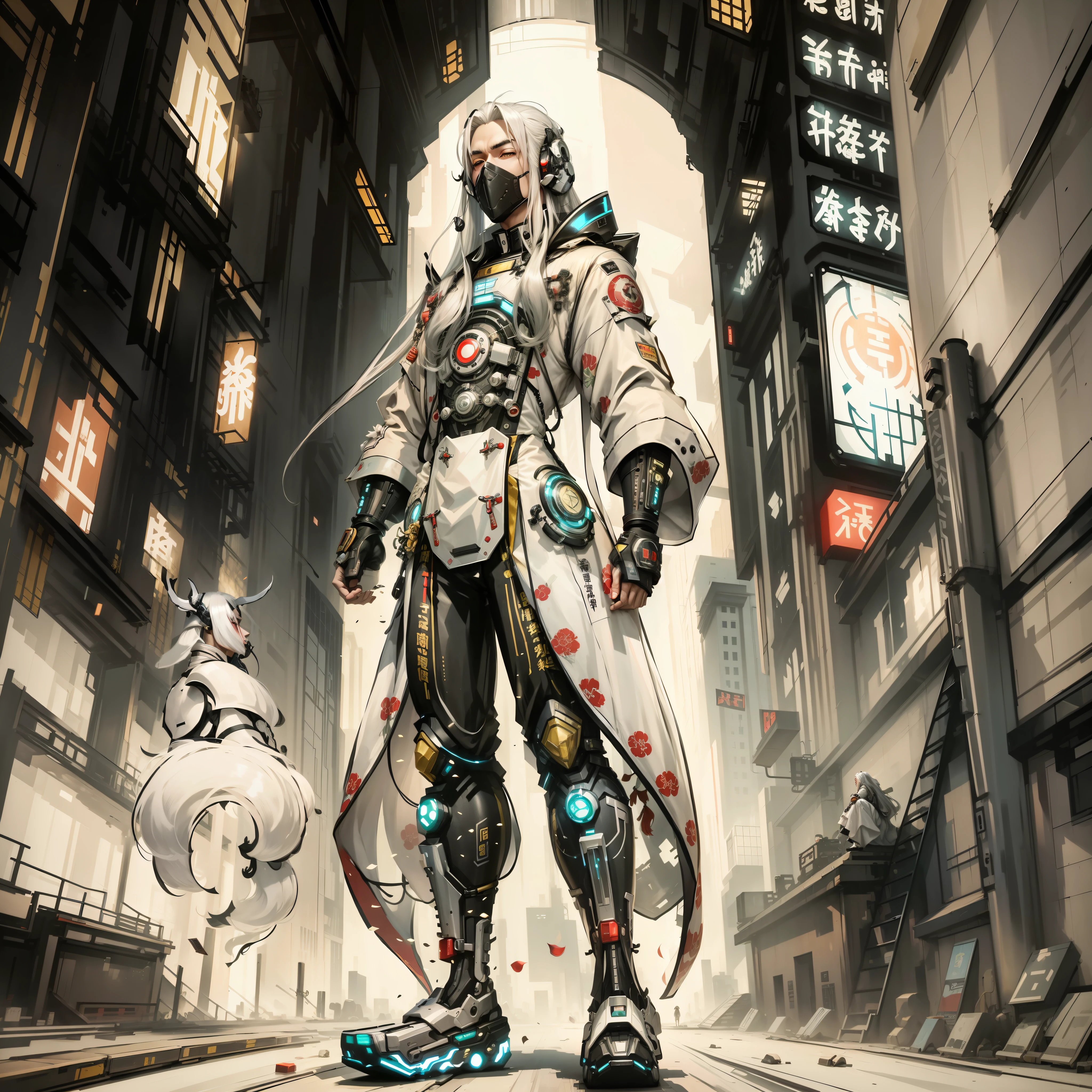 Men, Chinese style, long white hair, cyberpunk, vintage clothing, HD, mecha, full body,