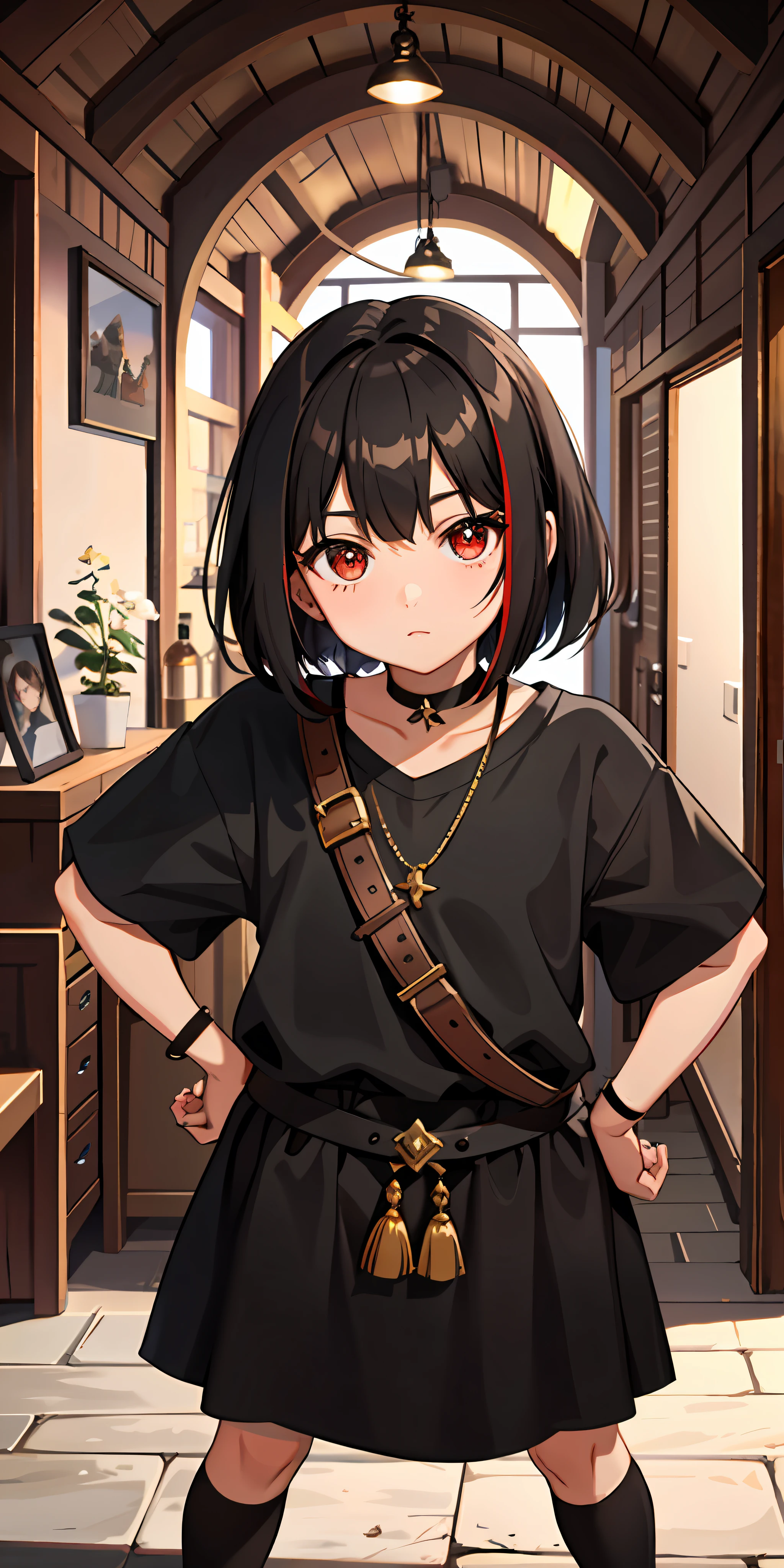 Dwarf, female, skin brown, red eyes, black hair, bob, blacksmith,, alone