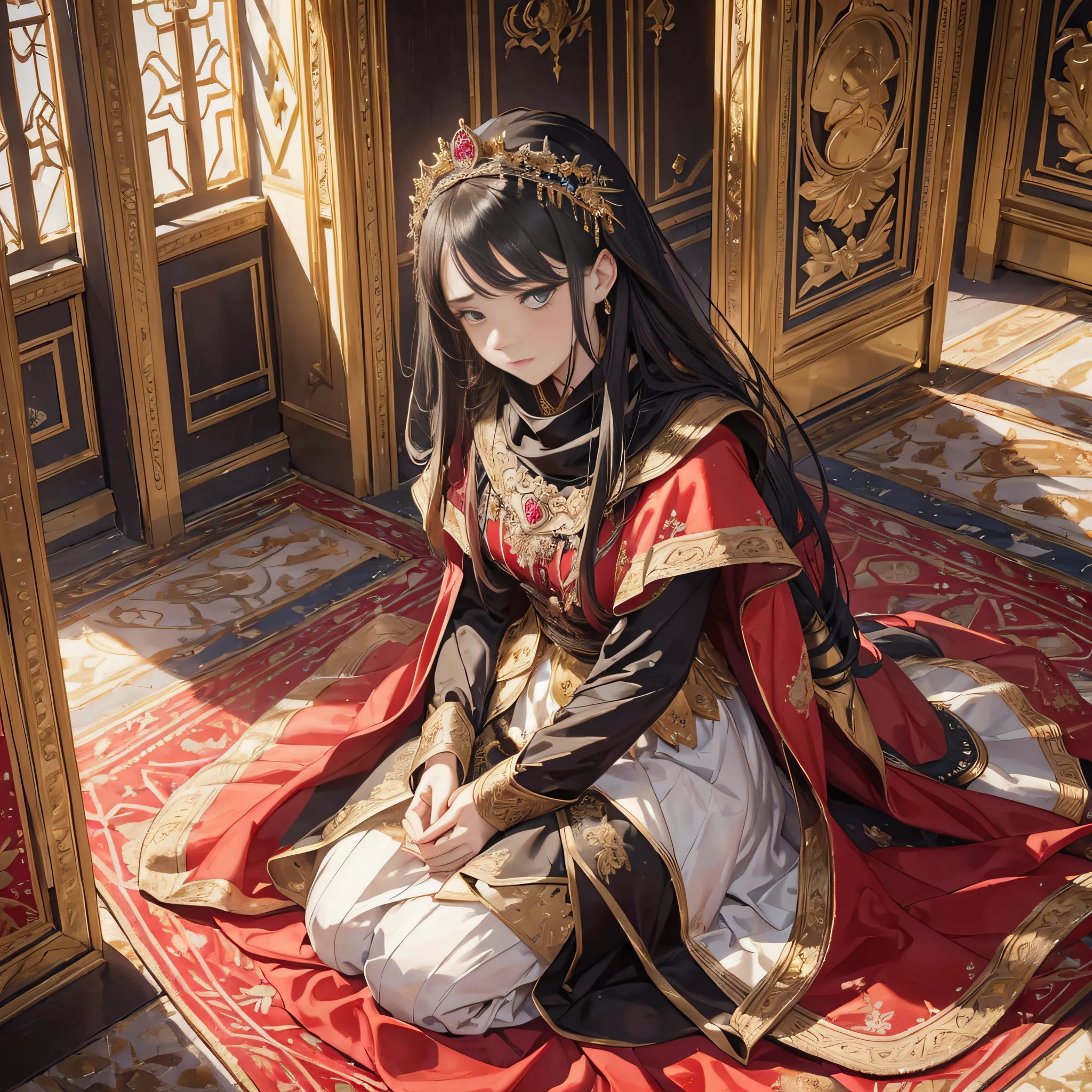 "(Best Quality), (Masterpiece), 1 Girl, Gentle Face, Tragedy, Betrayal, Pain, Dressed in a Gorgeous Court Dress, Messy Hair, Eyes Full of Endless Sadness, Grief, Anger, Despair, A Black Court Robe with Golden Embroidery and Exquisite Ornamentation, Kneeling on the Ground, Holding a Crimson Silk Scarf in Both Hands, Tears Falling on the Veil, A bird's-eye angle captures her kneeling posture, showing the magnificent palace and the magnificent view behind her, Trembling hands clasped the red scarf, Expressing inner grief and unwillingness, the decoration of the palace, the luxurious decoration, the magnificent scenery contrasts with the despair of the woman, There is blood in the corner of the mouth,