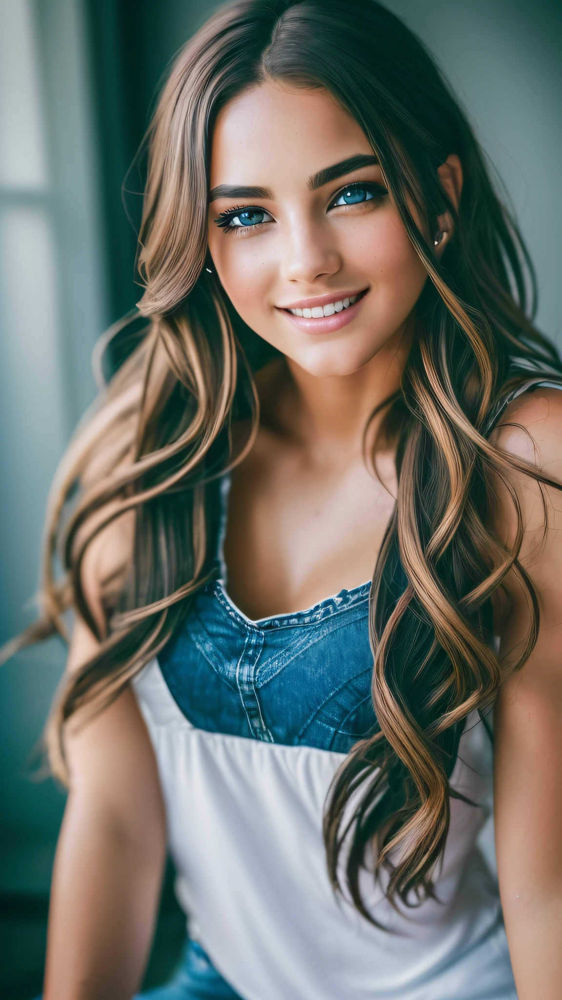 (RAW, analogue, Nikon Z 14mm ultra-wide angle lens, award-winning glamour photograph, ((best quality)), ((masterpiece)), ((realistic)), skin pores, subsurface scattering, radiant light rays, high-res, detailed facial features, high detail, sharp focus, smooth, aesthetic, extremely detailed, (extremely detailed eyes, extremely detailed iris), extremely detailed hair, extremely detailed skin, extremely detailed clothes, octane render, photorealistic, realistic, post-processing, max detail, realistic shadows, roughness, natural skin texture, real life, ultra-realistic, photorealism, photography, 8k UHD, photography, hdr, intricate, elegant, highly detailed, sharp focus, stunning, beautiful, gorgeous), (masterpiece:1.2, best quality1:1, ultra-detailed:1.2, best shadow, 8k:1.1), (massive city:1.3, rooftop:1.1, city structures below, handrails), (contrasting background, bright background), (beautiful detailed face), high contrast, (perfect illumination:1.2, beautiful color, delicate color), ((cinematic light)), colorful, hyper detail, dramatic light, intricate details, (1 girl, solo, brown hair, smiling face, short hair, wavy hair:1.1, blue eyes, dynamic angle, white tanktop, jeans, cowboy shot, arms down), depth of field