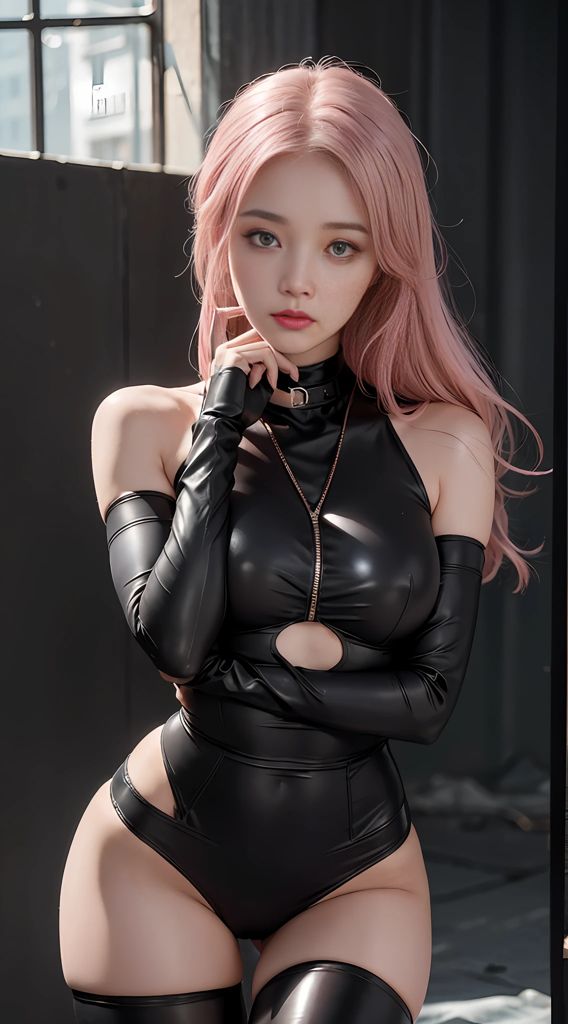 Feminine face, , slave, rubber, black tights, bondllar, NSFW, (best quality, 8k, masterpiece: 1.3))), clear focus: 1.2, (layer cut, large: 1.2), beauty with perfect figure: 1.4, slender abs: 1.2, wet body: 1.5, highly detailed face and skin texture, detailed eyes, double eyelids, pink hair long eyelashes